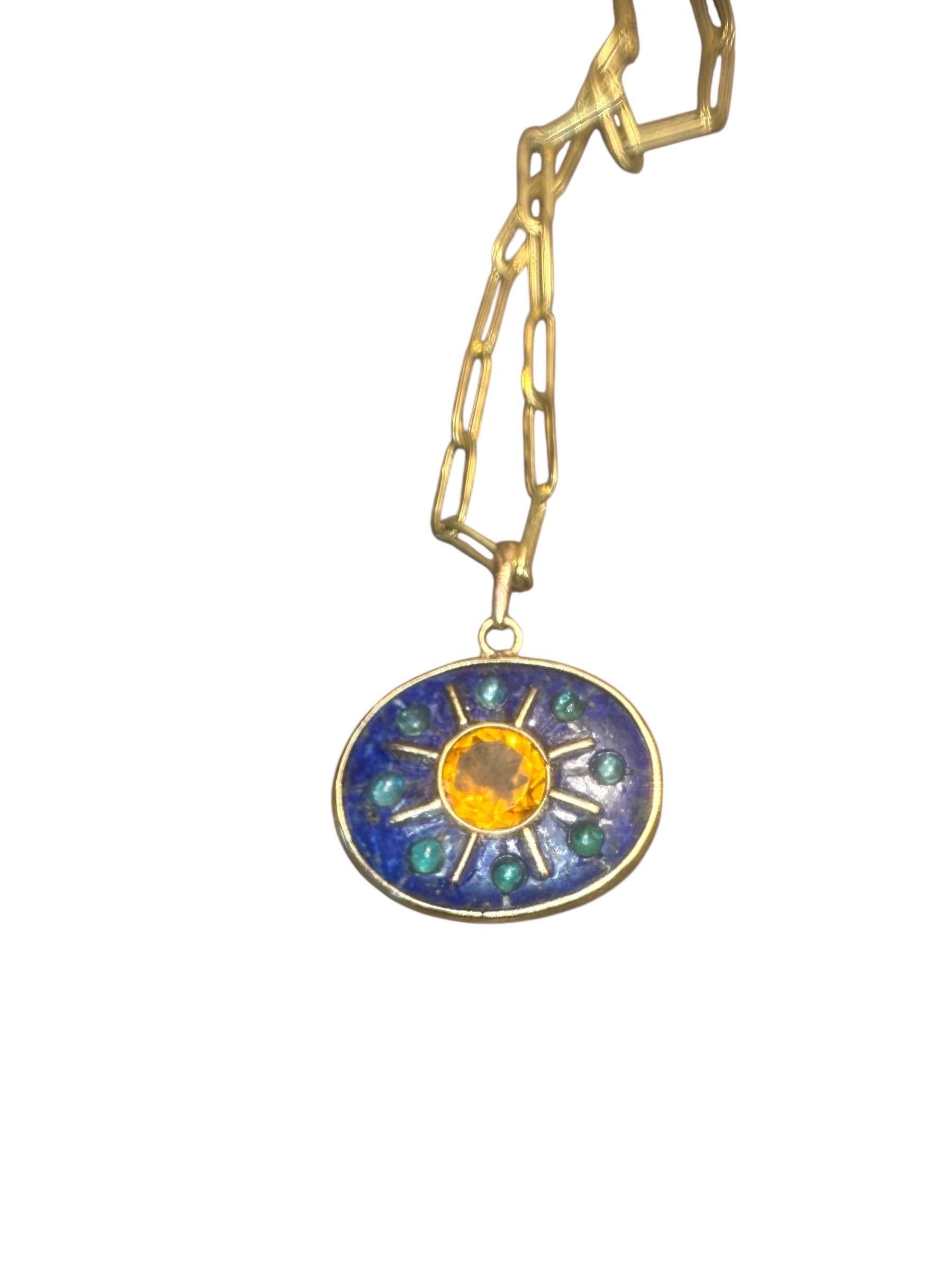 da uomo o donna Ciondolo SOL, Lapis con Citrino, Smeraldi e Oro 14k