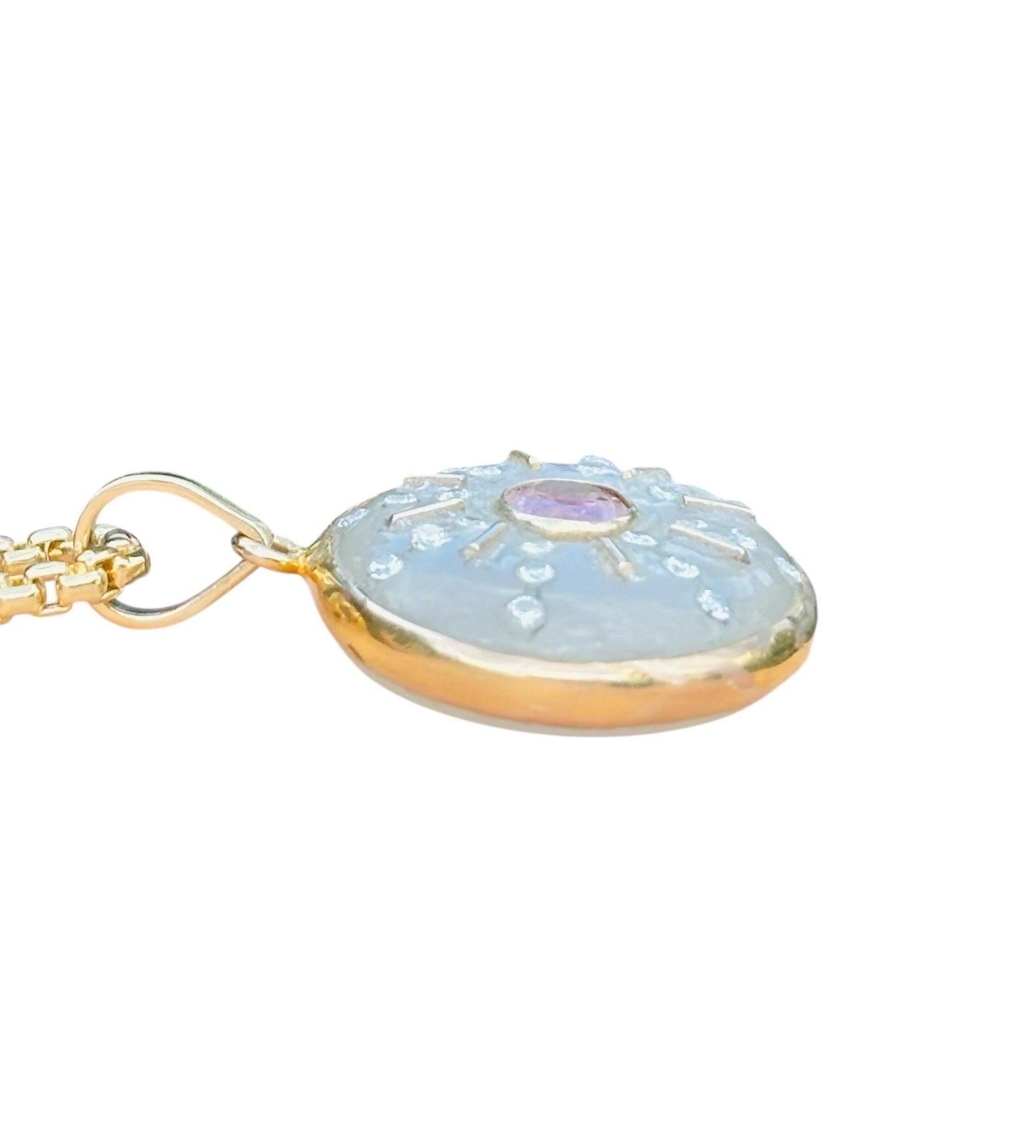 Ciondolo SOL in pietra di luna con tormalina rosa, raggi di sole in diamante e oro 14k in vendita 4