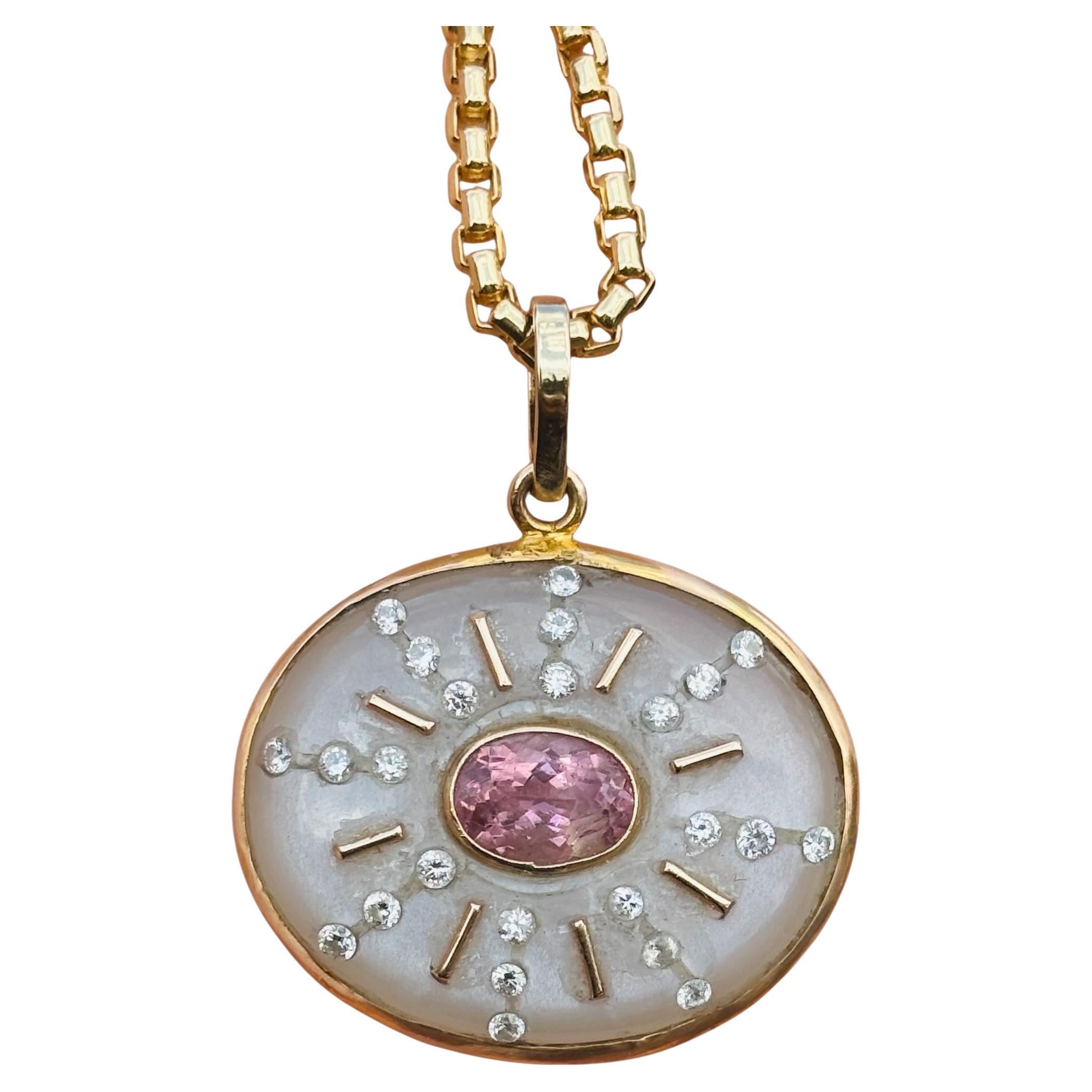 Ciondolo SOL in pietra di luna con tormalina rosa, raggi di sole in diamante e oro 14k