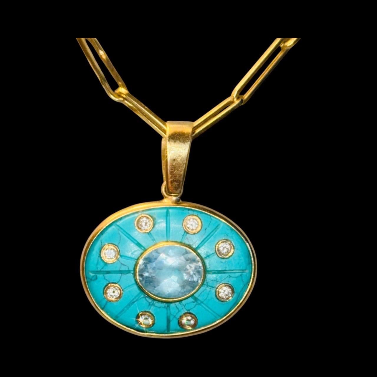 Taglio misto Ciondolo SOL Turchese, topazio blu, diamanti e oro 14k in vendita