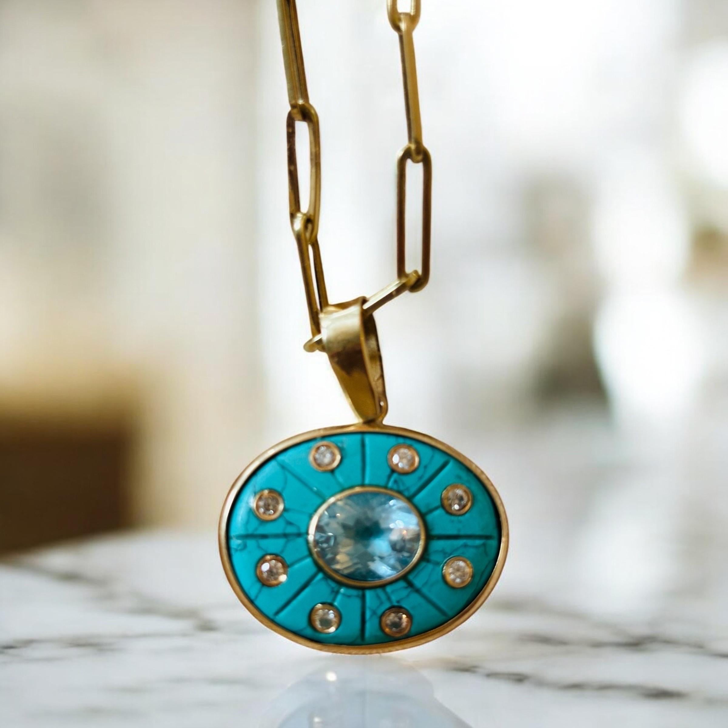 Ciondolo SOL Turchese, topazio blu, diamanti e oro 14k in vendita 2