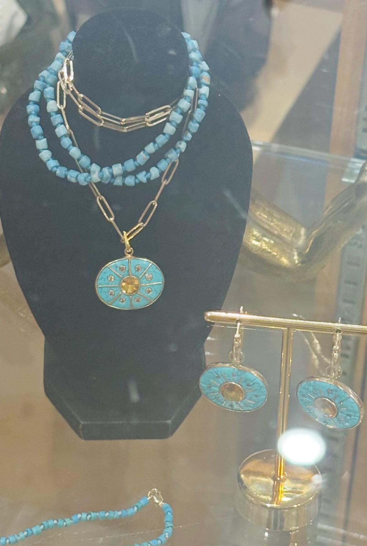 SOL Anhänger, Türkis, Citrin, Champagner Diamanten, Gold Sonnenstrahlen (Gemischter Schliff) im Angebot