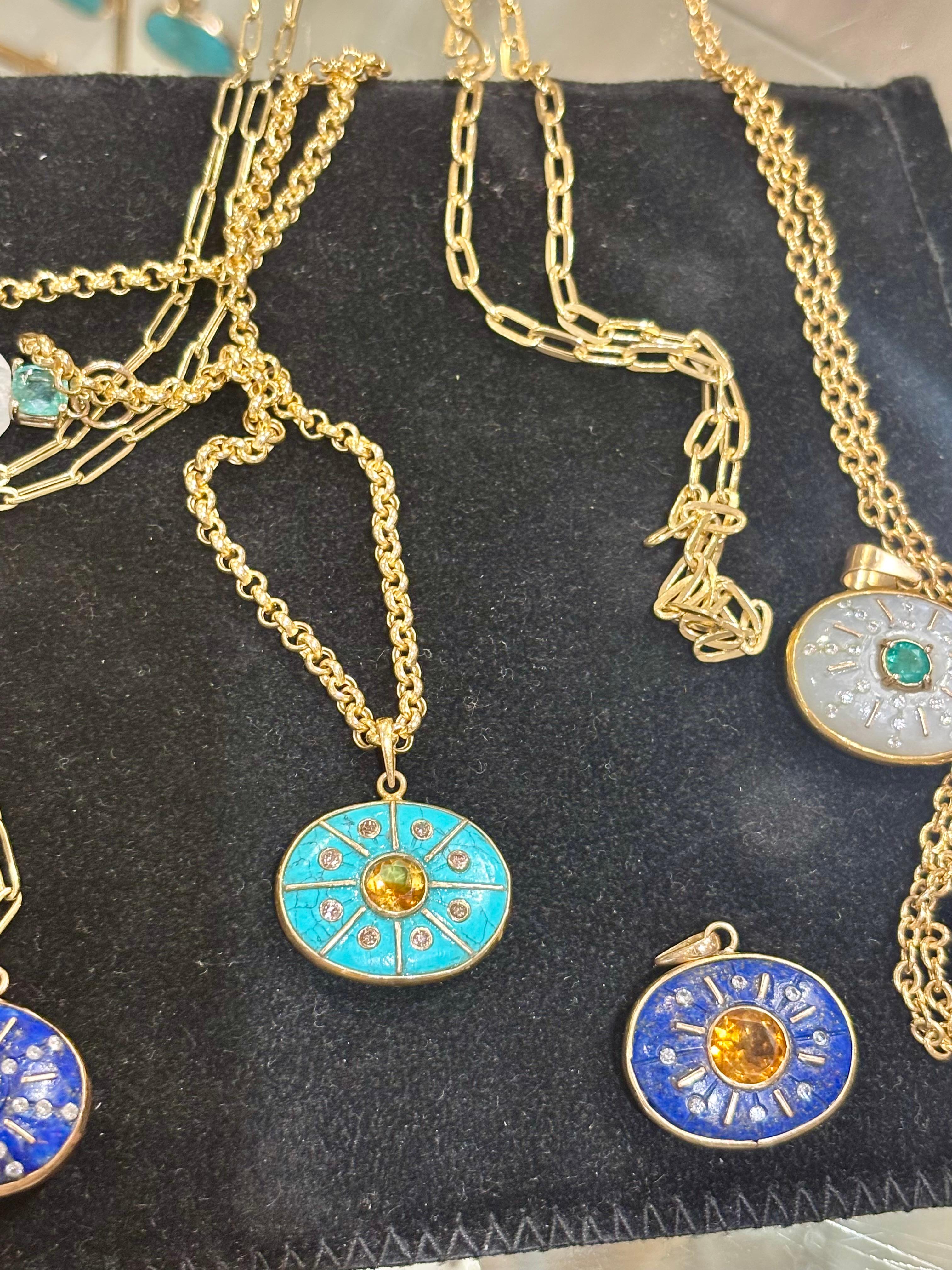 SOL Anhänger, Türkis, Citrin, Champagner Diamanten, Gold Sonnenstrahlen im Angebot 2