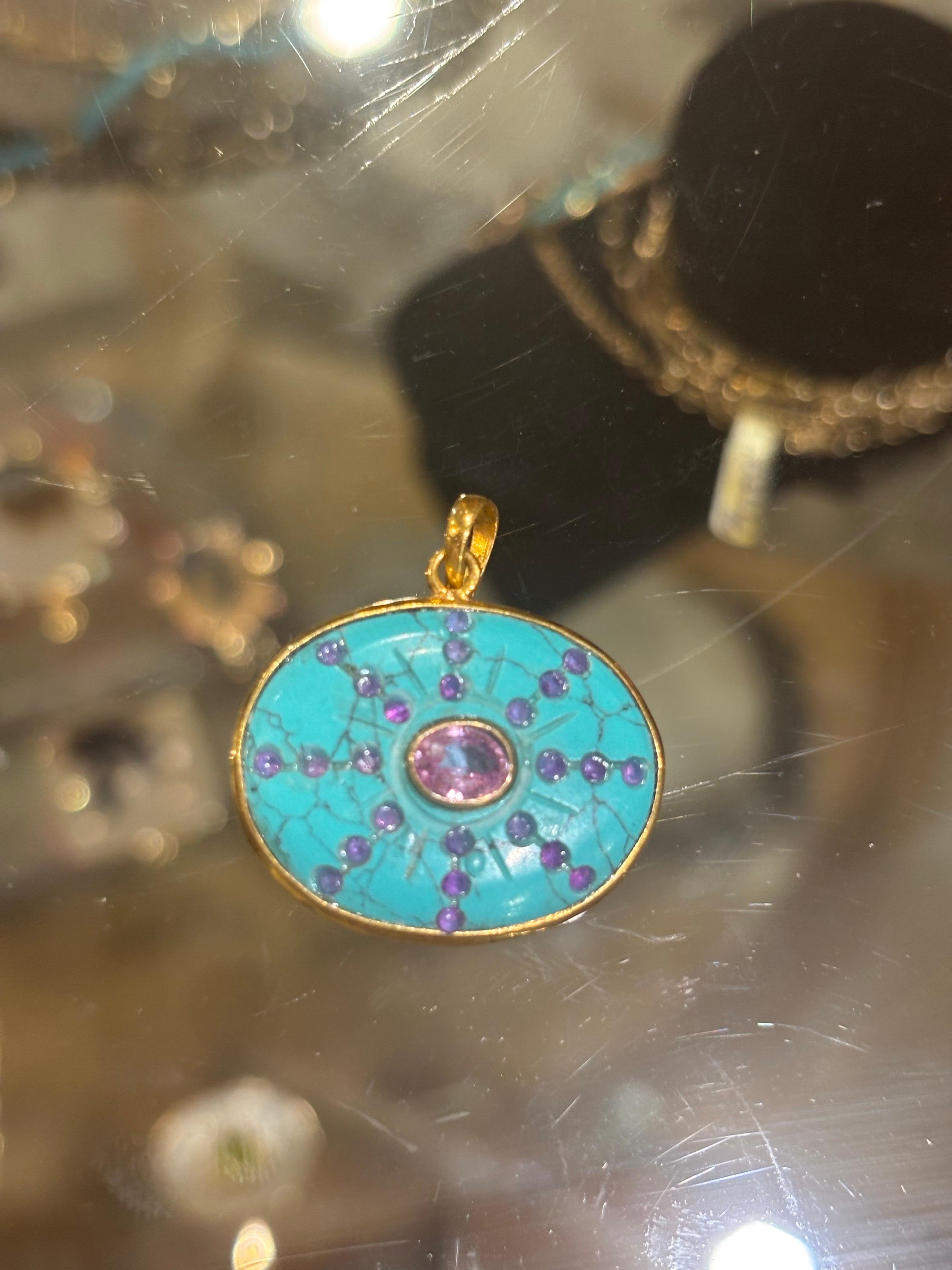 Women's or Men's SOL Pendant, Turquoise, Pink Sapphires & 14k Gold For Sale