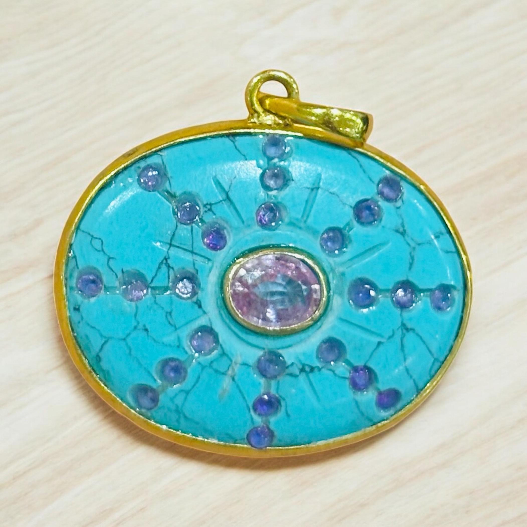 SOL Pendant, Turquoise, Pink Sapphires & 14k Gold For Sale 2