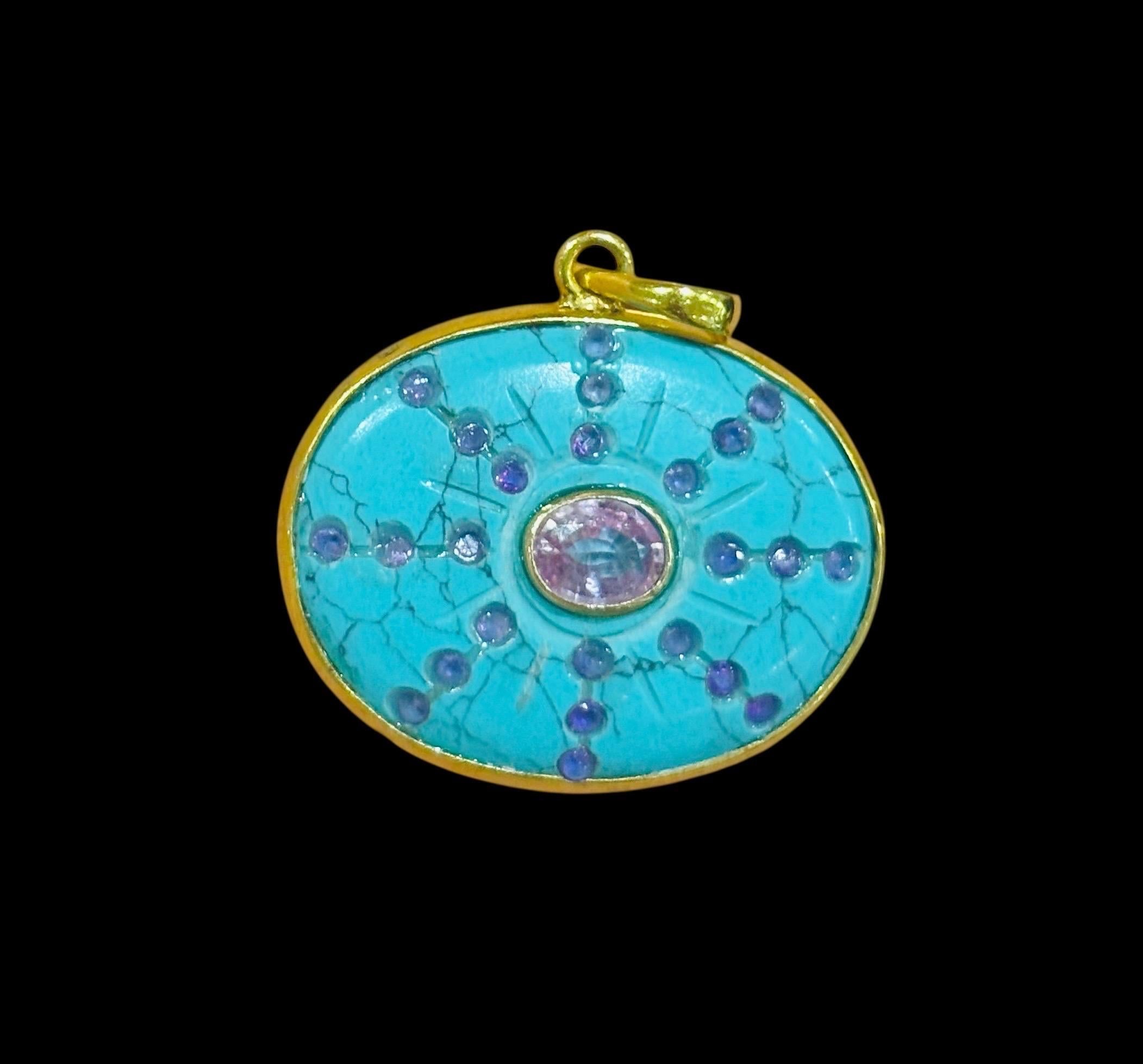 SOL Pendant, Turquoise, Pink Sapphires & 14k Gold For Sale 3