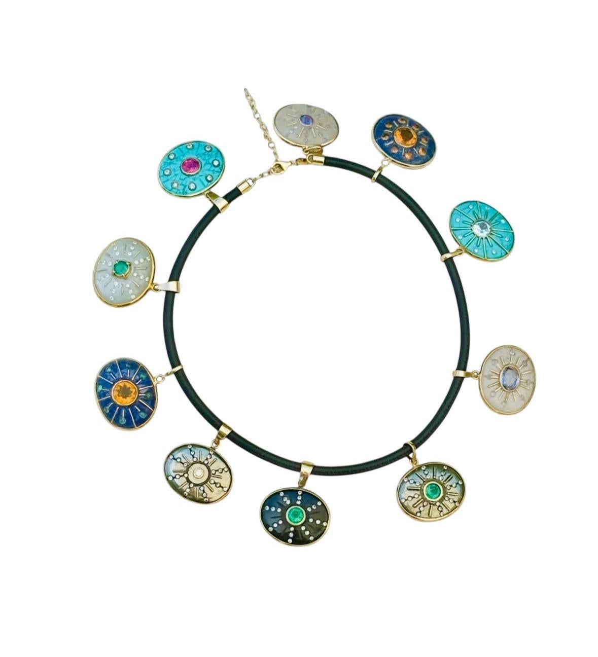 Ciondolo SOL, turchese con topazio blu, diamanti e oro 14k in vendita 2