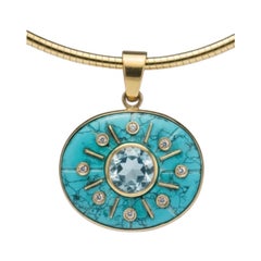 Pendentif SOL, turquoise avec topaze bleue, diamants et or 14k