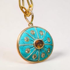 SOL Pendant, Turquoise with Brown Tourmaline, Champagne Diamonds & 14k Gold