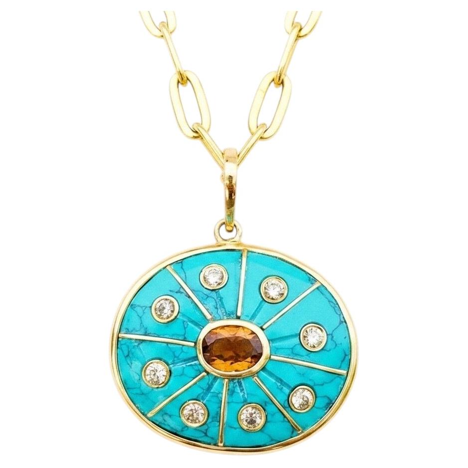 SOL Pendant, Turquoise with Brown Tourmaline, Champagne Diamonds & 14k Gold For Sale