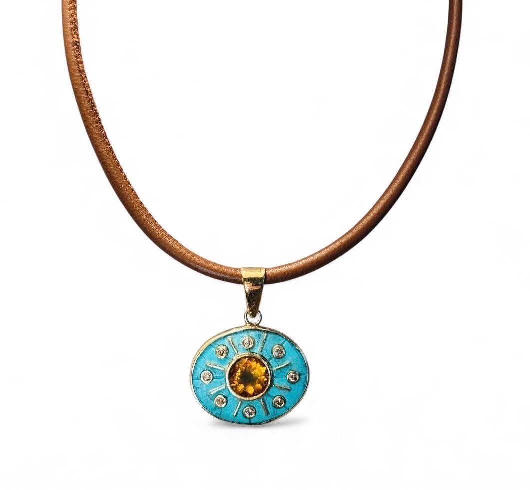 Pendentif SOL, turquoise avec citrine, diamants champagne et or 14k en vente 5