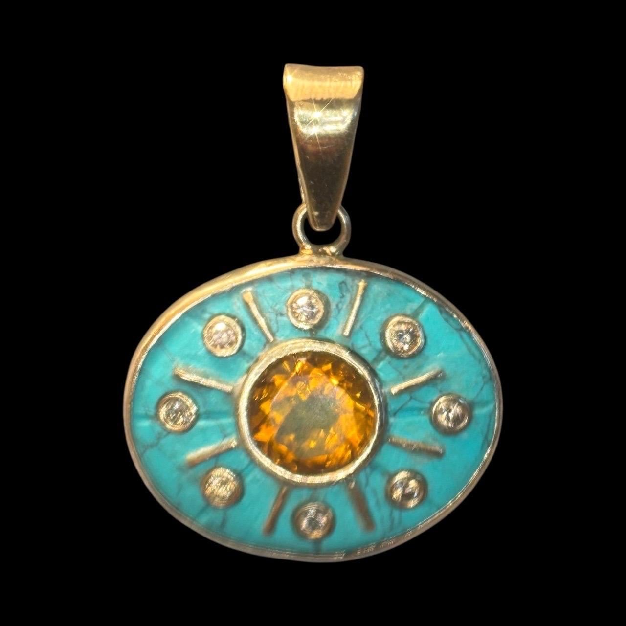 Taille mixte Pendentif SOL, turquoise avec citrine, diamants champagne et or 14k en vente