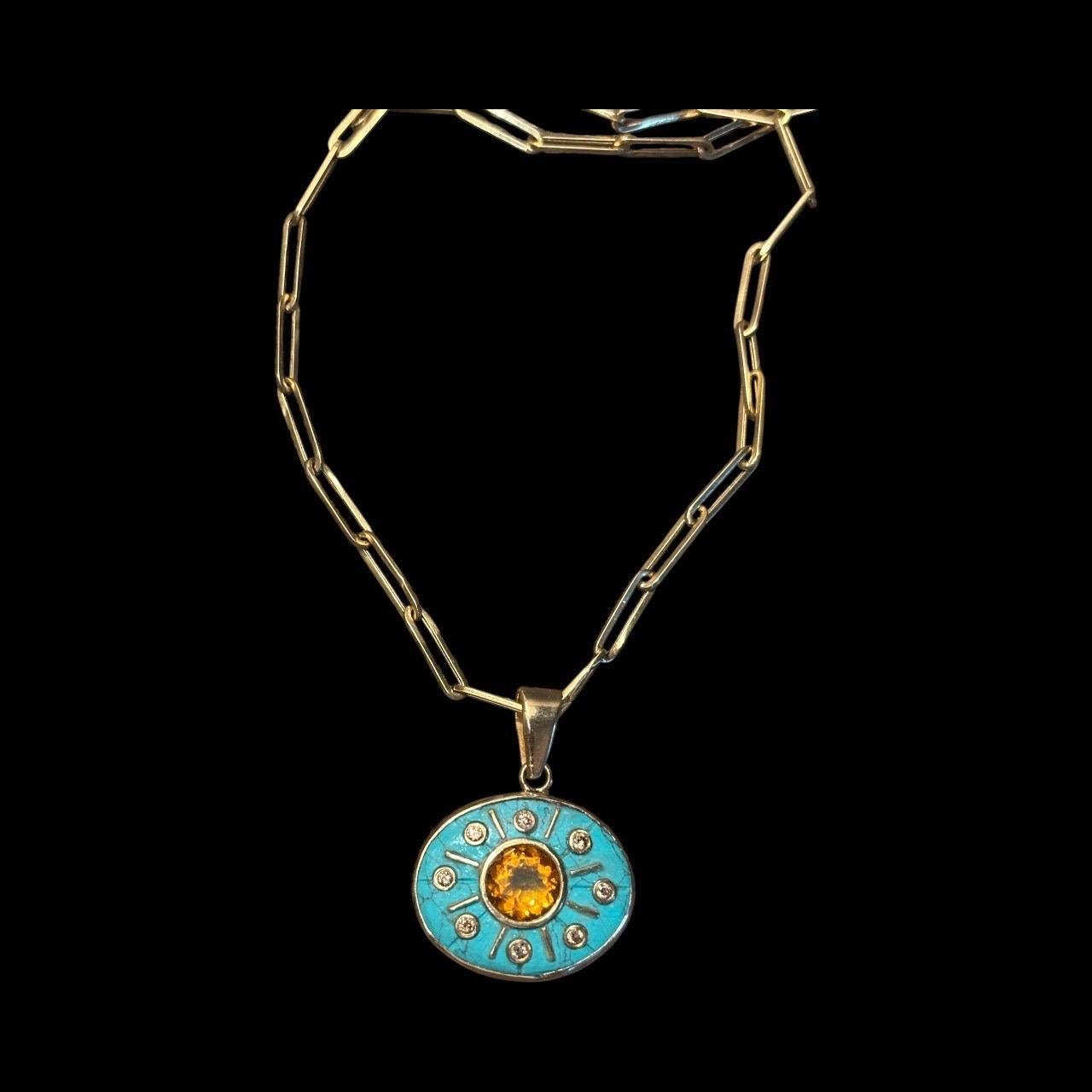 Pendentif SOL, turquoise avec citrine, diamants champagne et or 14k Neuf - En vente à New York, NY