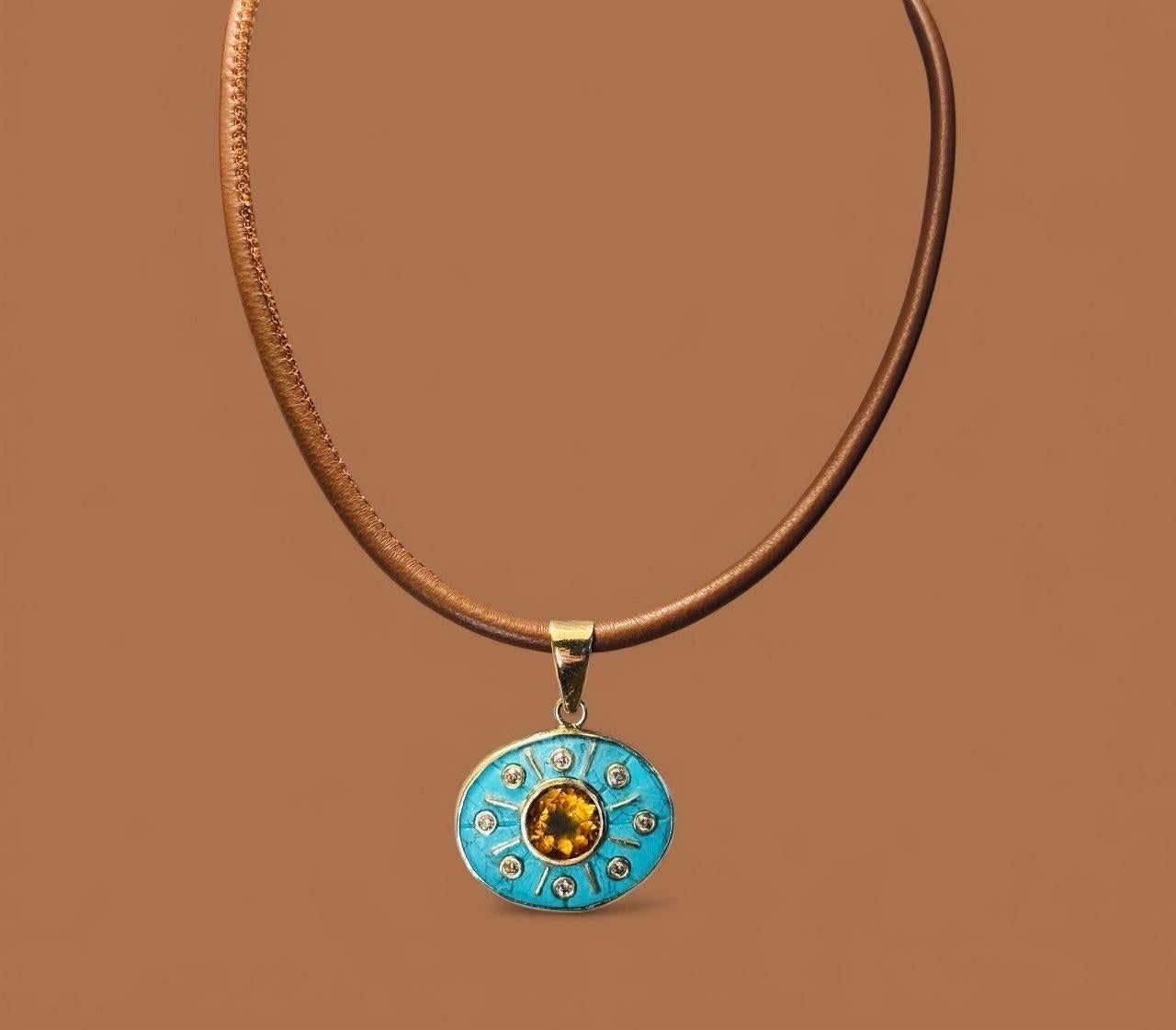 Pendentif SOL, turquoise avec citrine, diamants champagne et or 14k Unisexe en vente