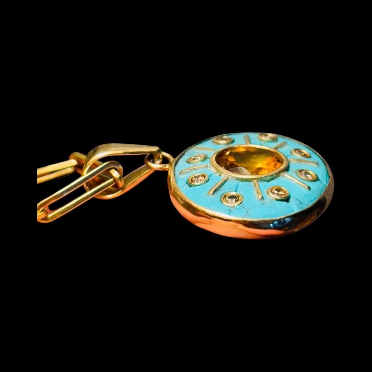 Pendentif SOL, turquoise avec citrine, diamants champagne et or 14k en vente 2