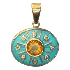 Ciondolo SOL, turchese con citrino, diamanti champagne e oro 14k