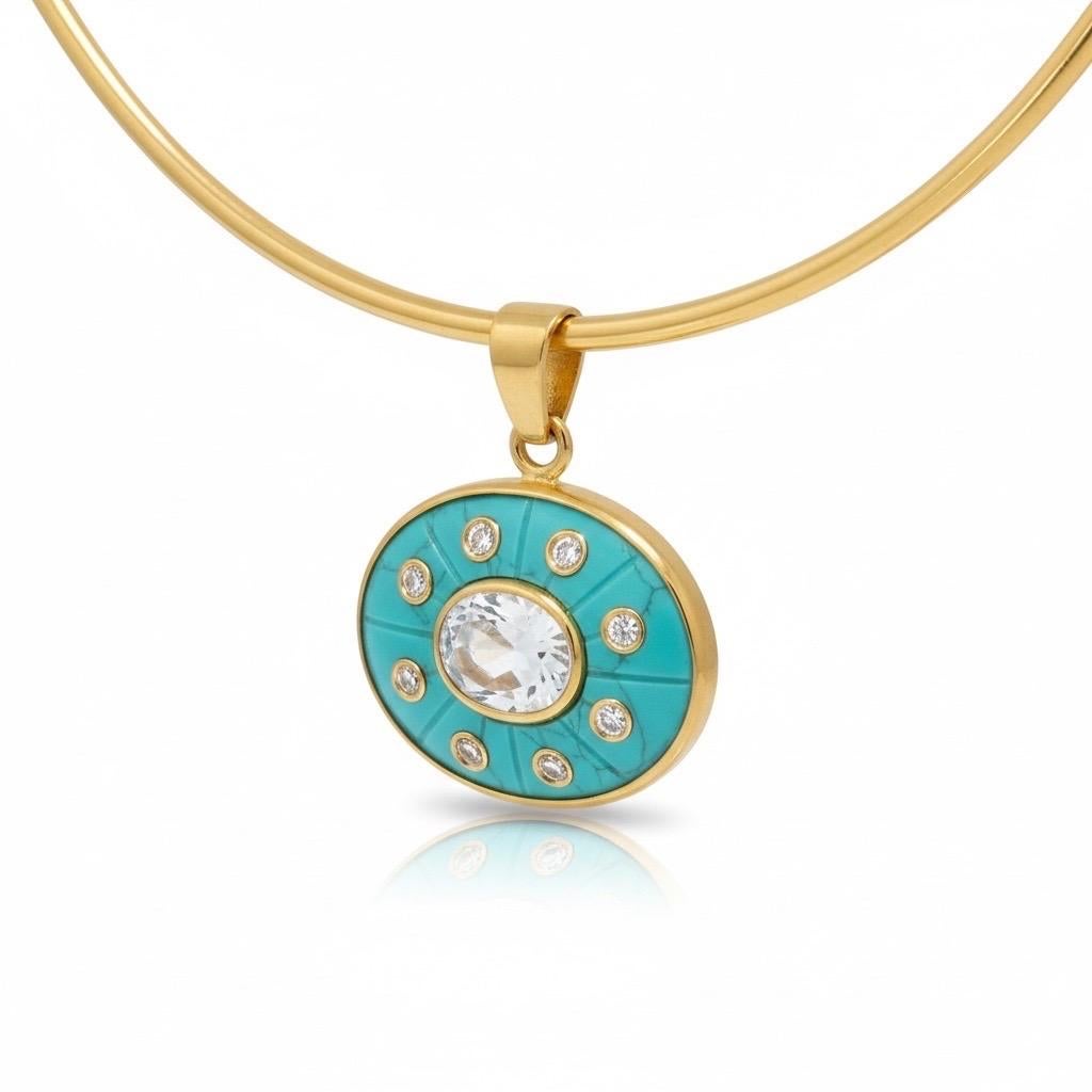 Pendentif SOL, turquoise avec topaze bleu ciel, diamants et or 14k en vente 5