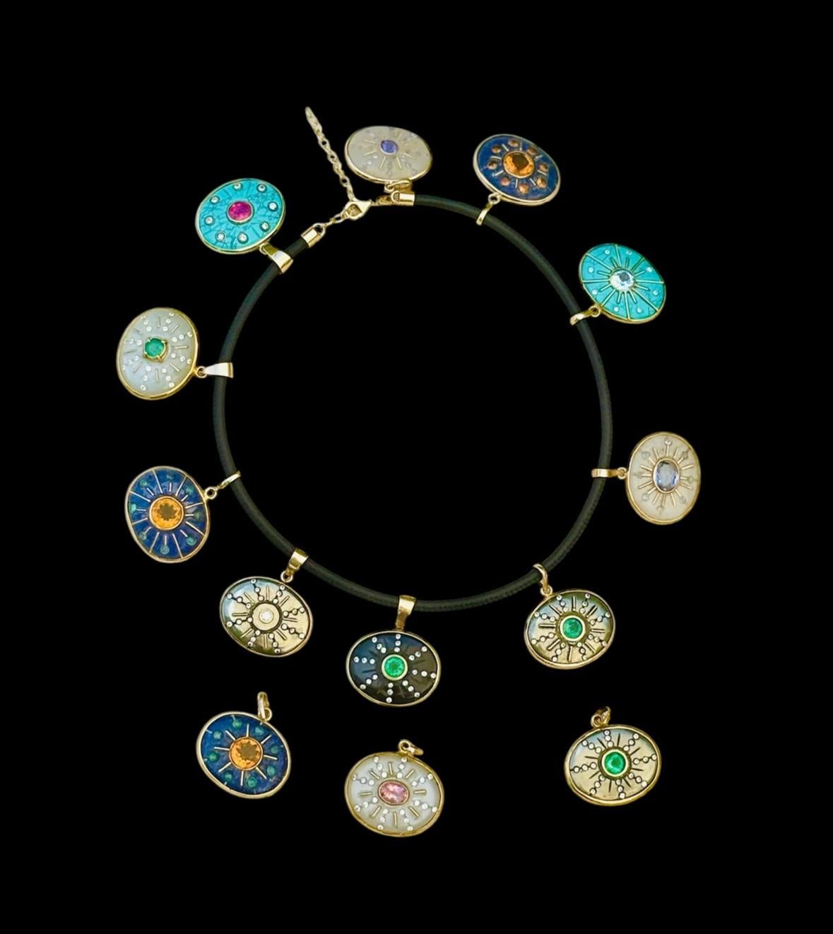 Ciondolo SOL, turchese con topazio azzurro, diamanti e oro 14k in vendita 5