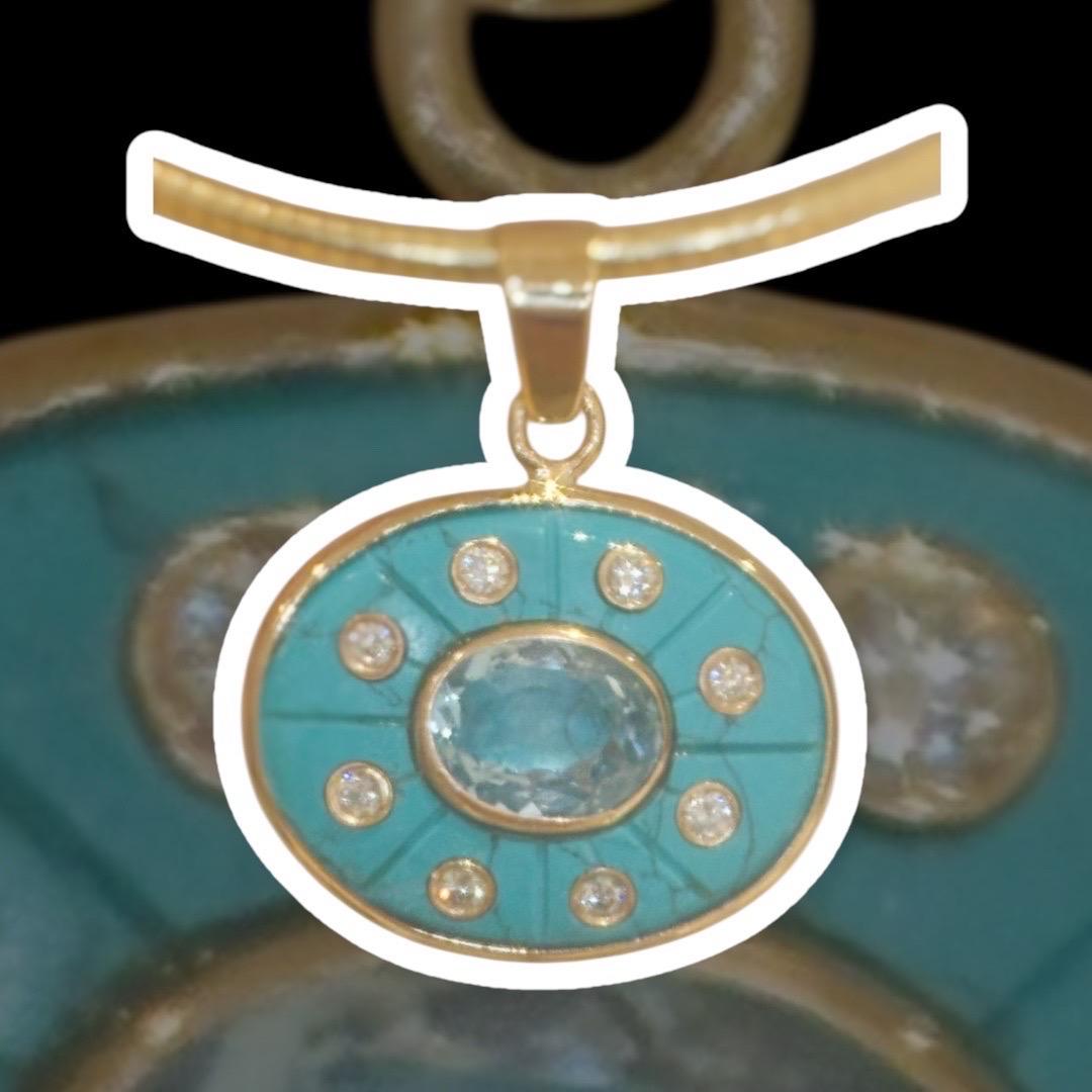 Pendentif SOL, turquoise avec topaze bleu ciel, diamants et or 14k en vente 6