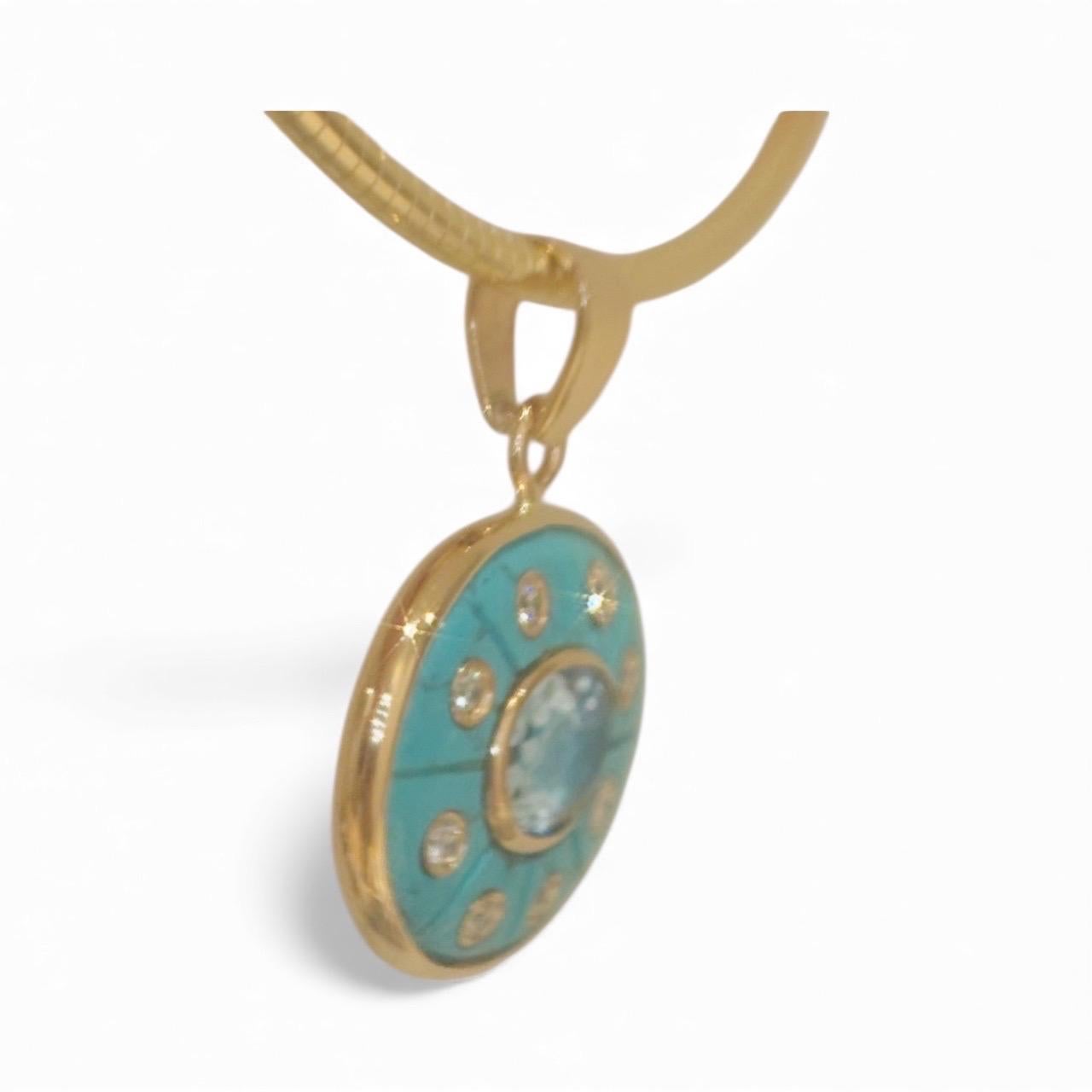 Pendentif SOL, turquoise avec topaze bleu ciel, diamants et or 14k en vente 7