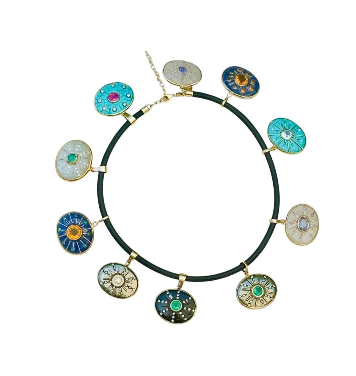 Ciondolo SOL, turchese con topazio azzurro, diamanti e oro 14k in vendita 10