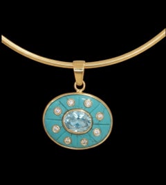 SOL Pendant, Turquoise with Sky Blue Topaz, Diamonds and 14k Gold