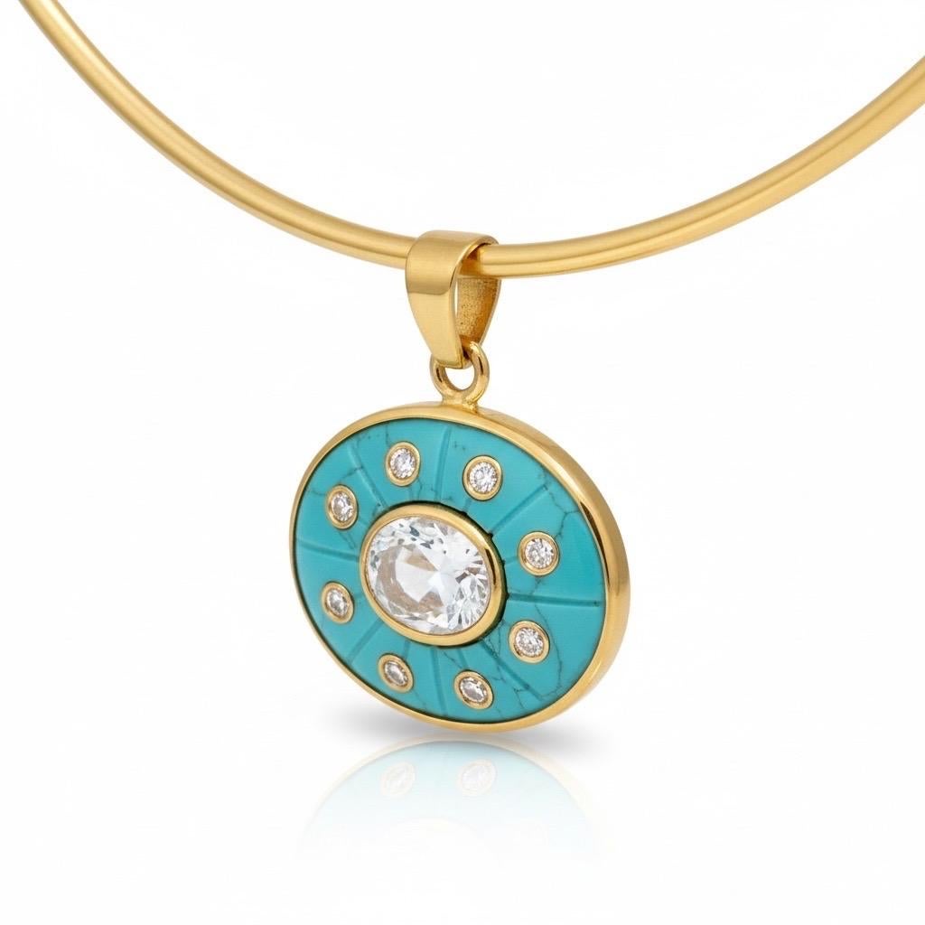 Taille mixte Pendentif SOL, turquoise avec topaze bleu ciel, diamants et or 14k en vente