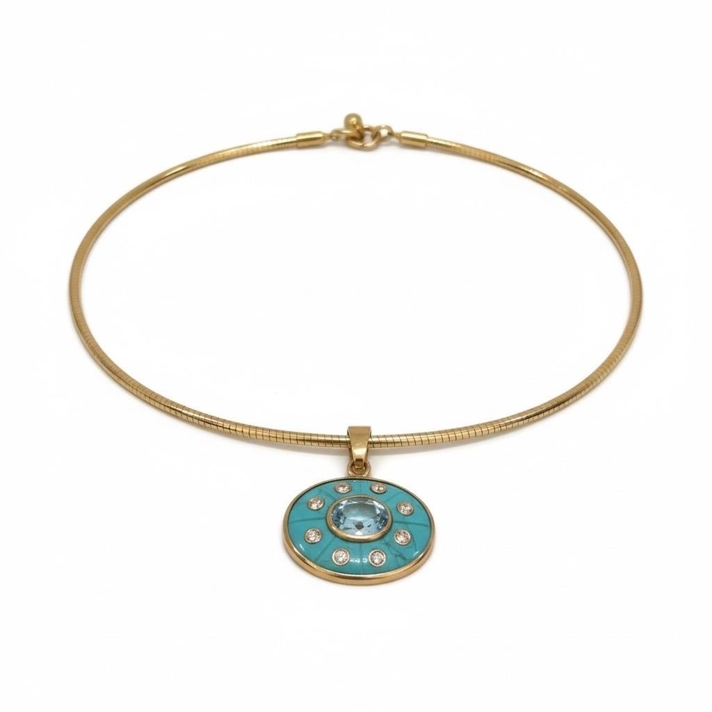 Pendentif SOL, turquoise avec topaze bleu ciel, diamants et or 14k Neuf - En vente à New York, NY