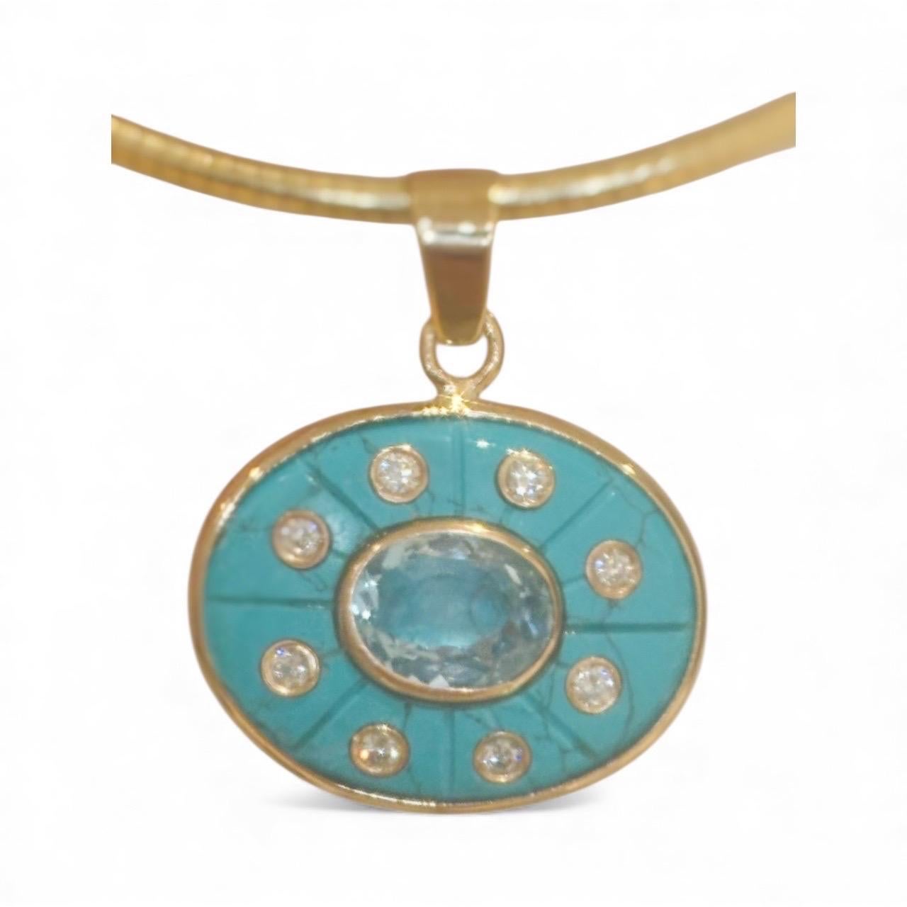 Pendentif SOL, turquoise avec topaze bleu ciel, diamants et or 14k Unisexe en vente