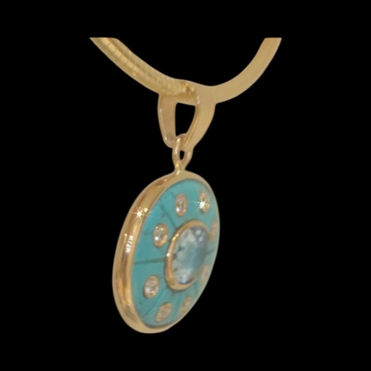 Pendentif SOL, turquoise avec topaze bleu ciel, diamants et or 14k en vente 1