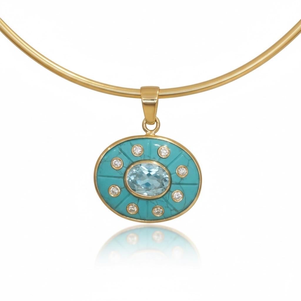 Pendentif SOL, turquoise avec topaze bleu ciel, diamants et or 14k en vente 2