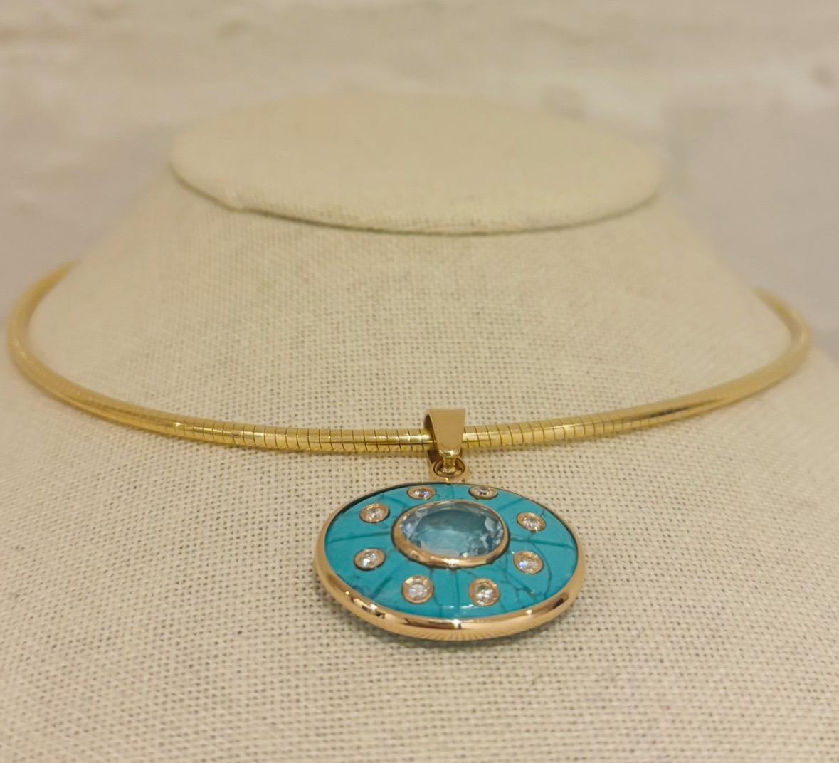 Pendentif SOL, turquoise avec topaze bleu ciel, diamants et or 14k en vente 3