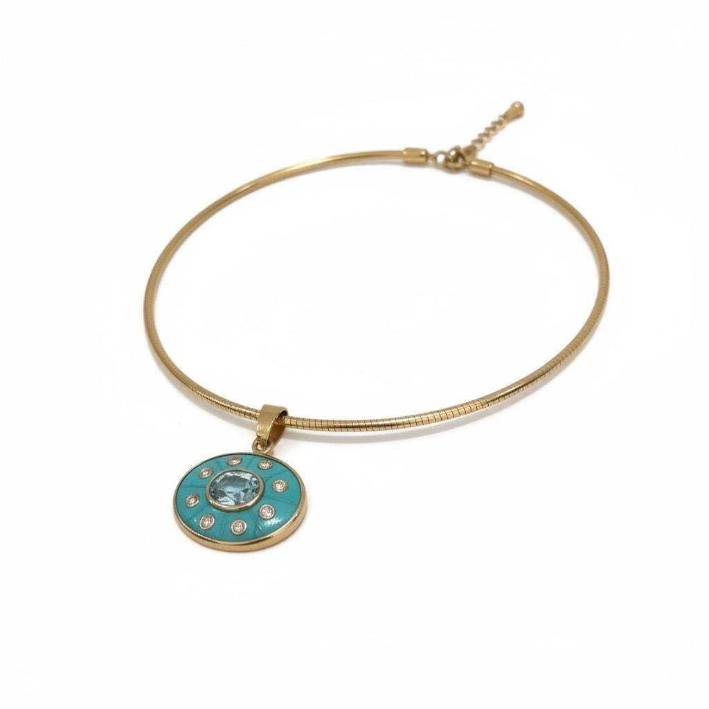 Pendentif SOL, turquoise avec topaze bleu ciel, diamants et or 14k en vente 4