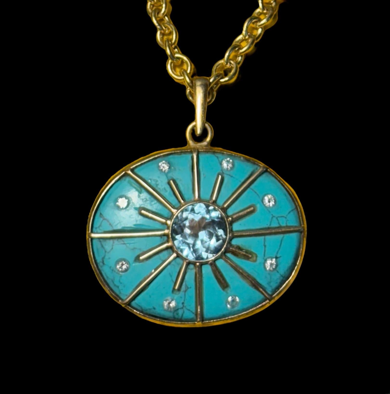 S O L Pendant  ☀️

Turquoise, Blue Topaz, Diamonds, 14k Gold

The S O L line was developed around the idea of honoring oneself and living a life that lights you up. The sun is a powerful symbol of life and light and these pieces were designed to