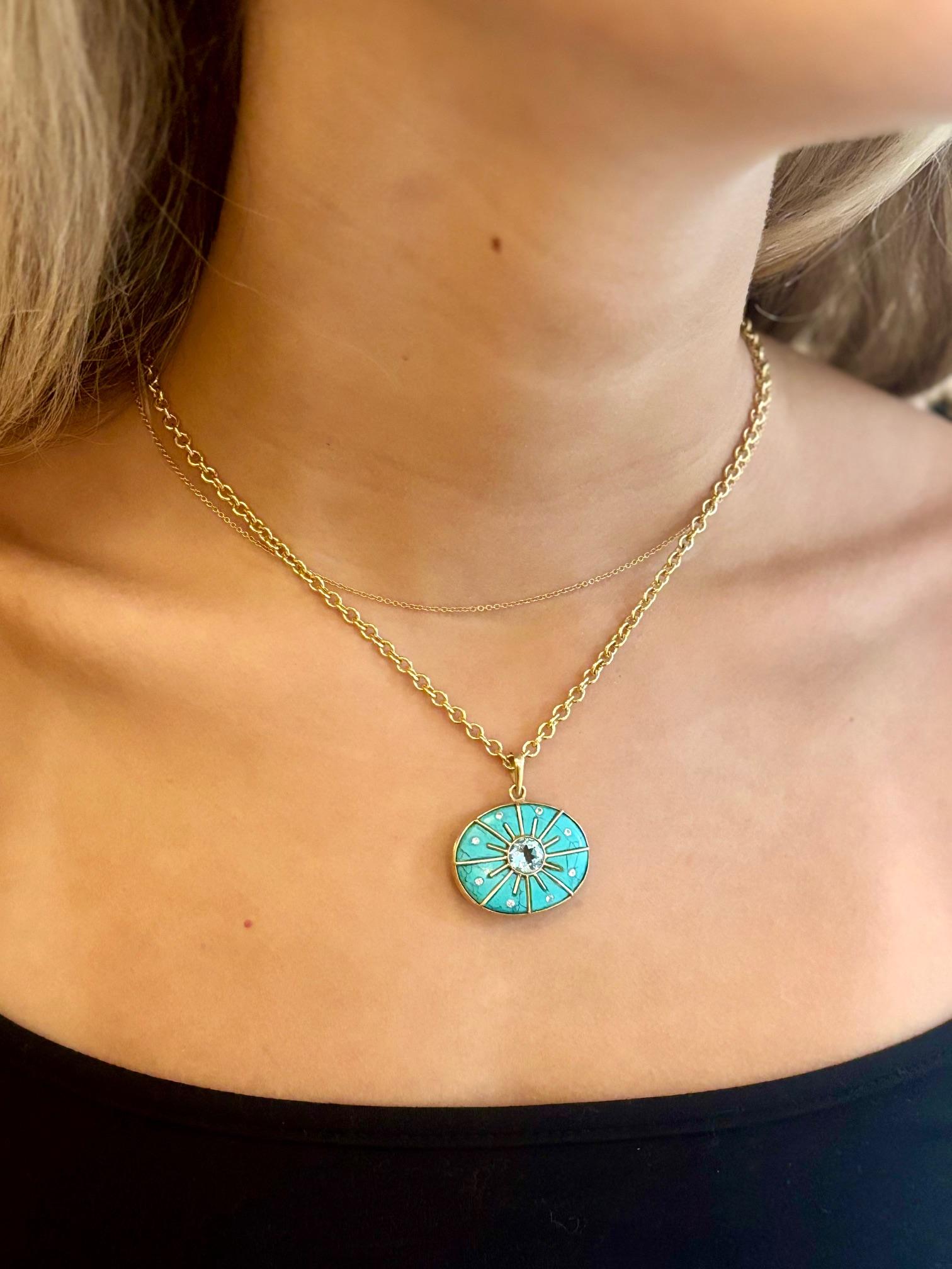 Mixed Cut SOL PENDANT, with Turquoise, Blue Topaz, Diamonds & 14k Gold For Sale