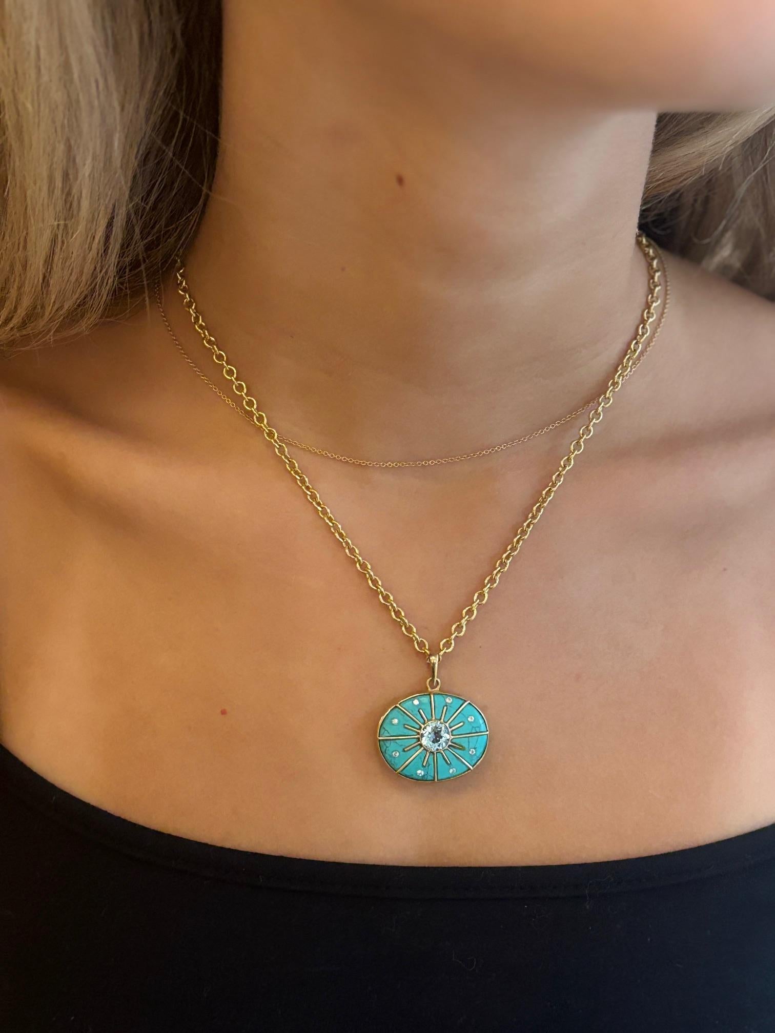 SOL PENDANT, with Turquoise, Blue Topaz, Diamonds & 14k Gold For Sale 1