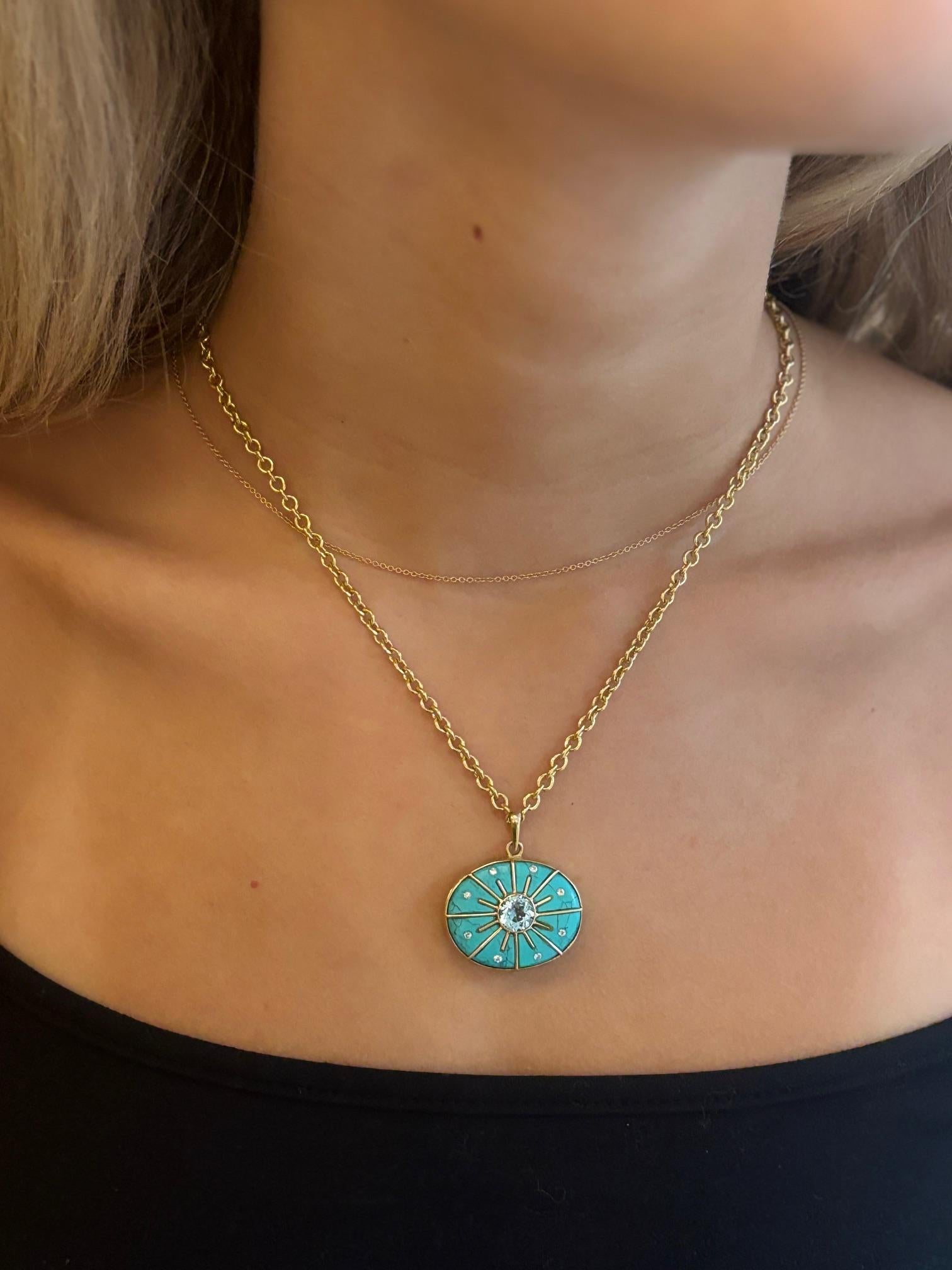 SOL PENDANT, with Turquoise, Blue Topaz, Diamonds & 14k Gold For Sale 3