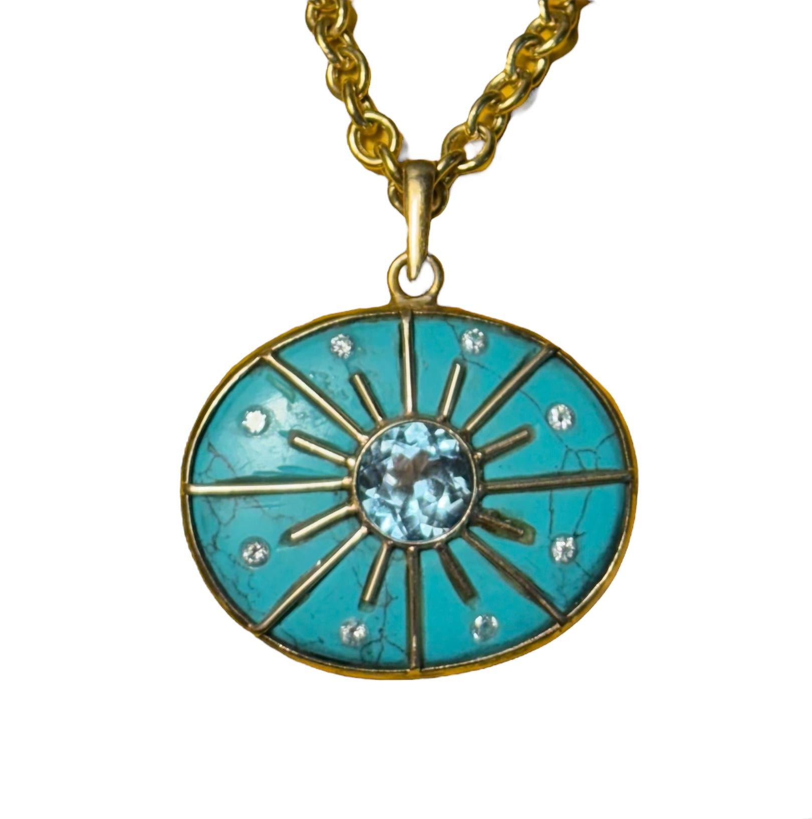 SOL PENDANT, with Turquoise, Blue Topaz, Diamonds & 14k Gold For Sale 4