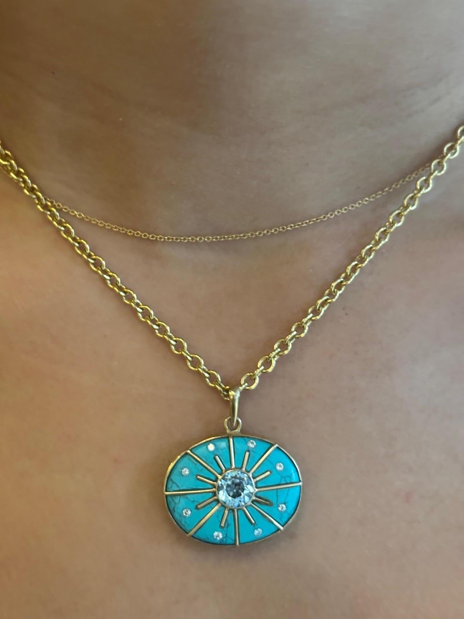 SOL PENDANT, with Turquoise, Blue Topaz, Diamonds & 14k Gold For Sale 5