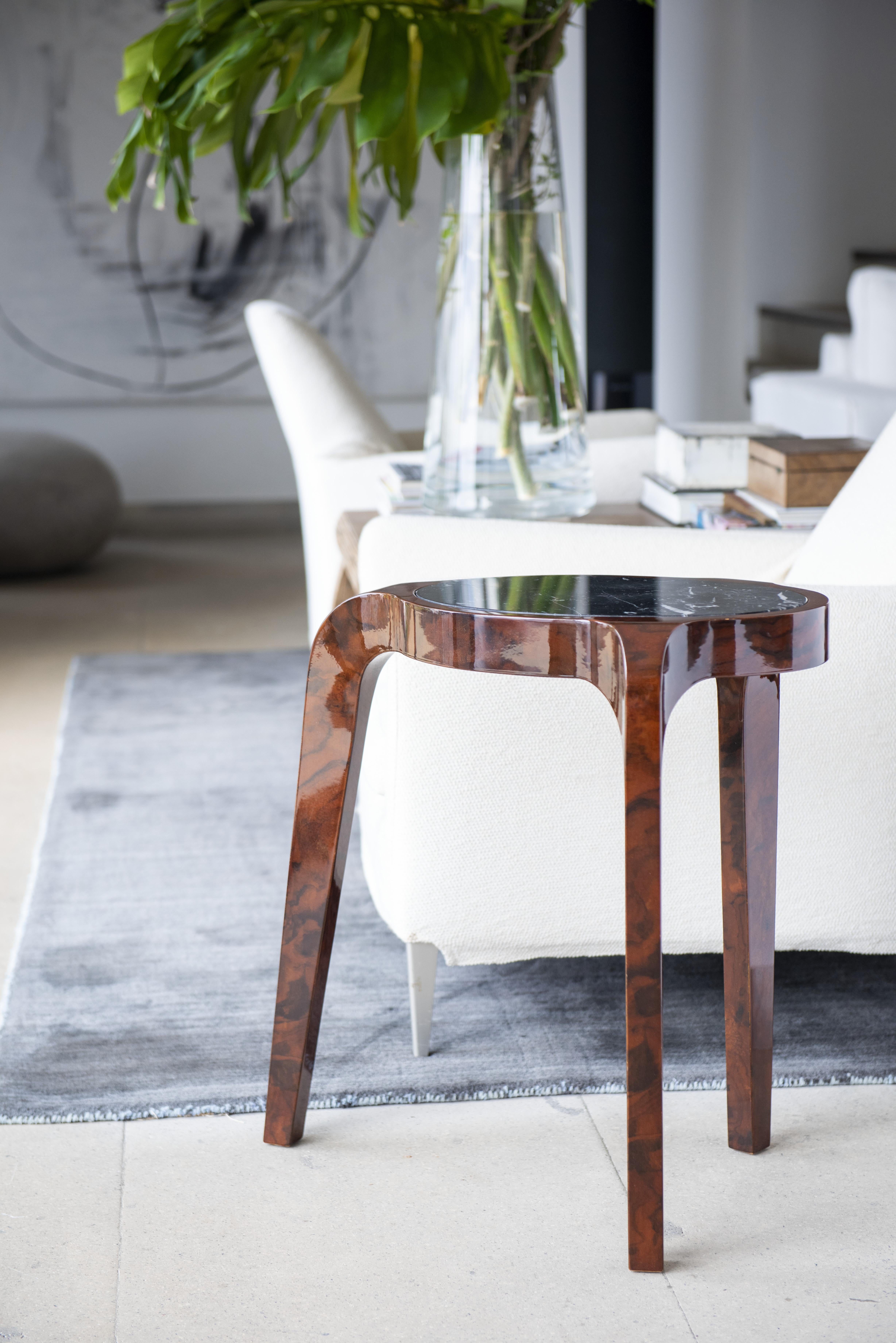 Portuguese Sol Side Table with Solid Wood Frame and Polished Marble Top For Sale