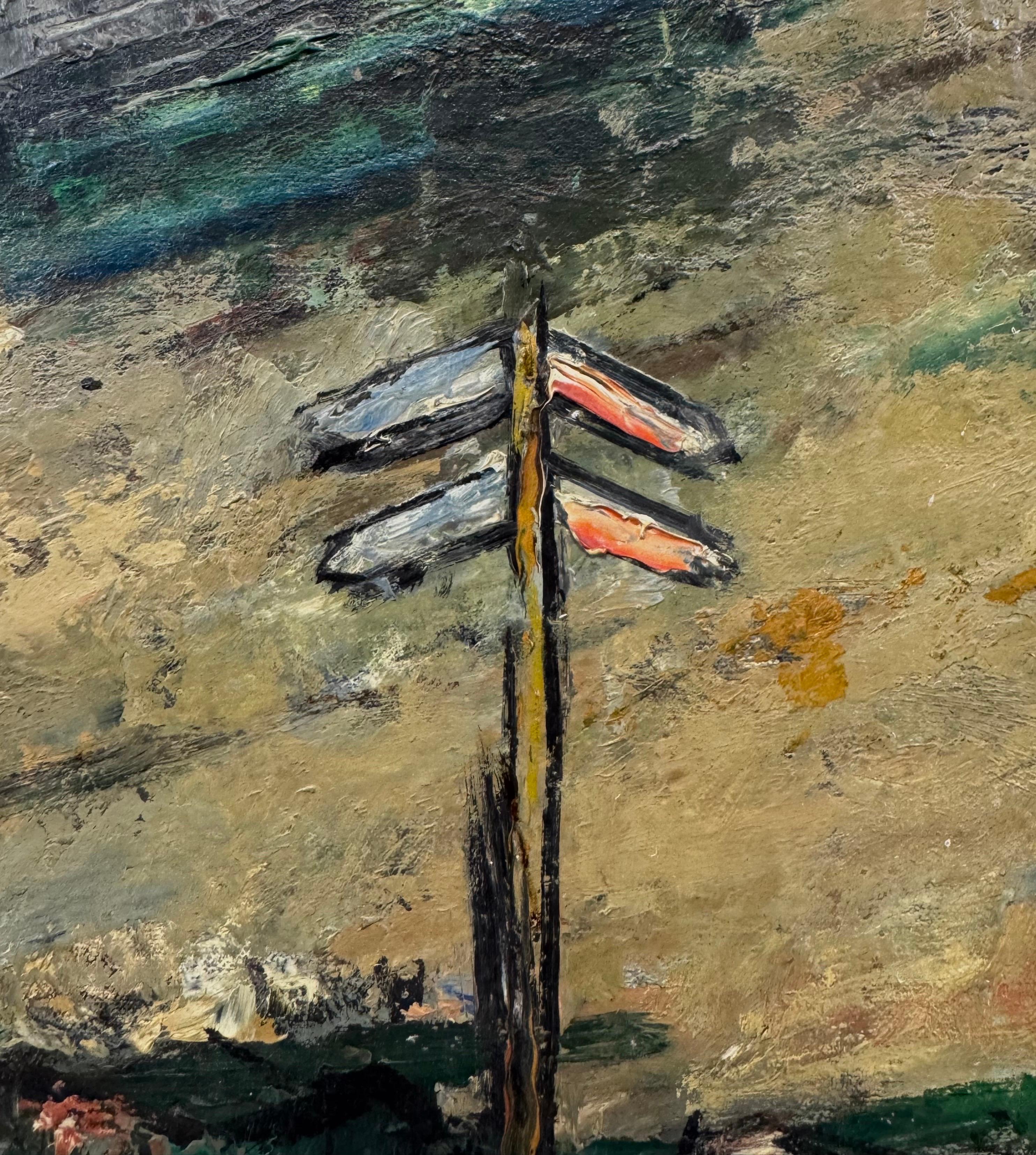 “Crossroads, c. 1940” WPA Polish-American Expressionist Modernist Oil Signed - Landscape Painting Marrone di Sol Wilson