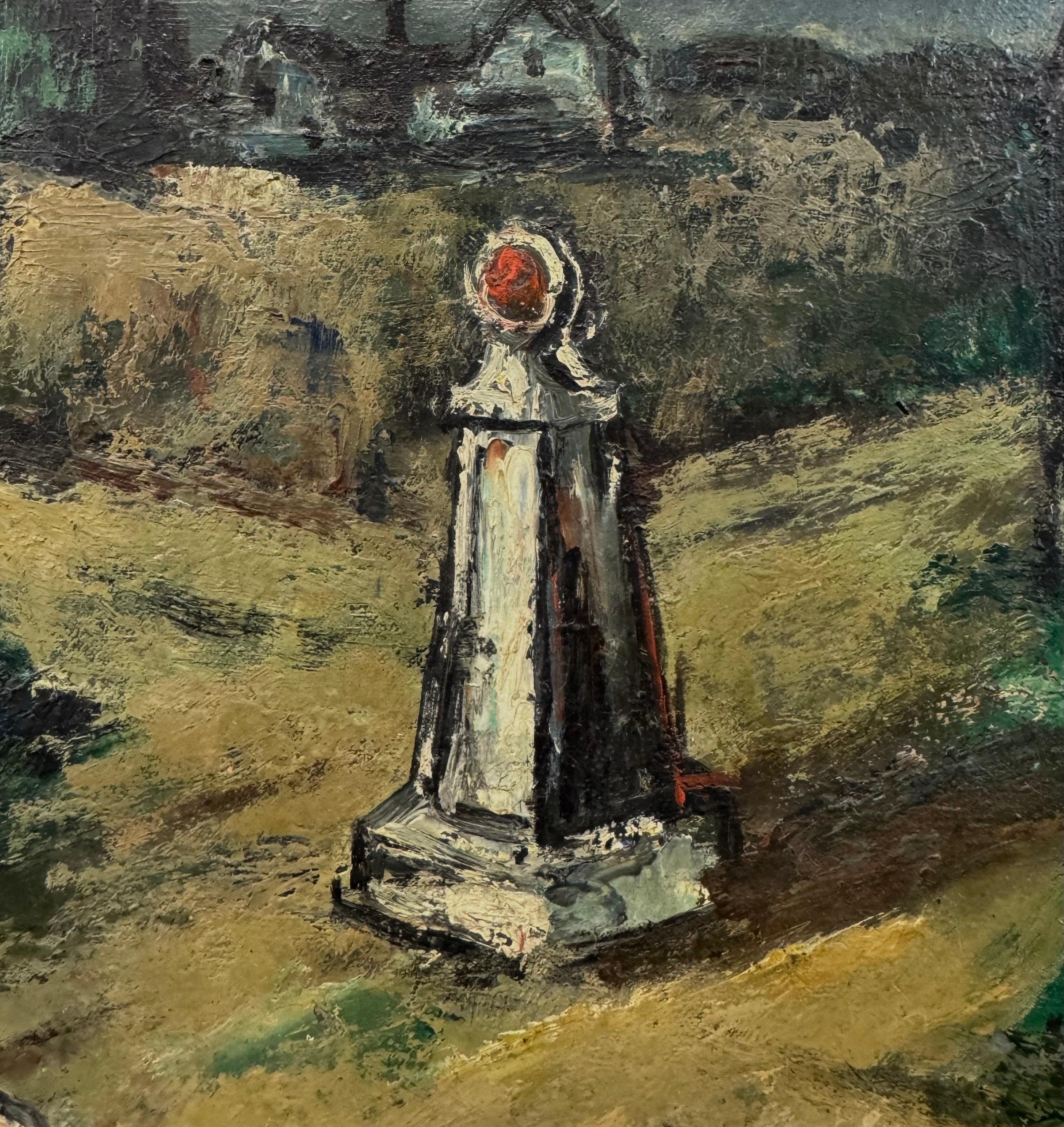 “Crossroads, c. 1940” by Sol Wilson (Polish-American, 1896-1974).

This expressive painting by Wilson depicts a moody village crossroads rendered with his signature textured brushwork and atmospheric palette. Earthy ochres, deep greens, and slate