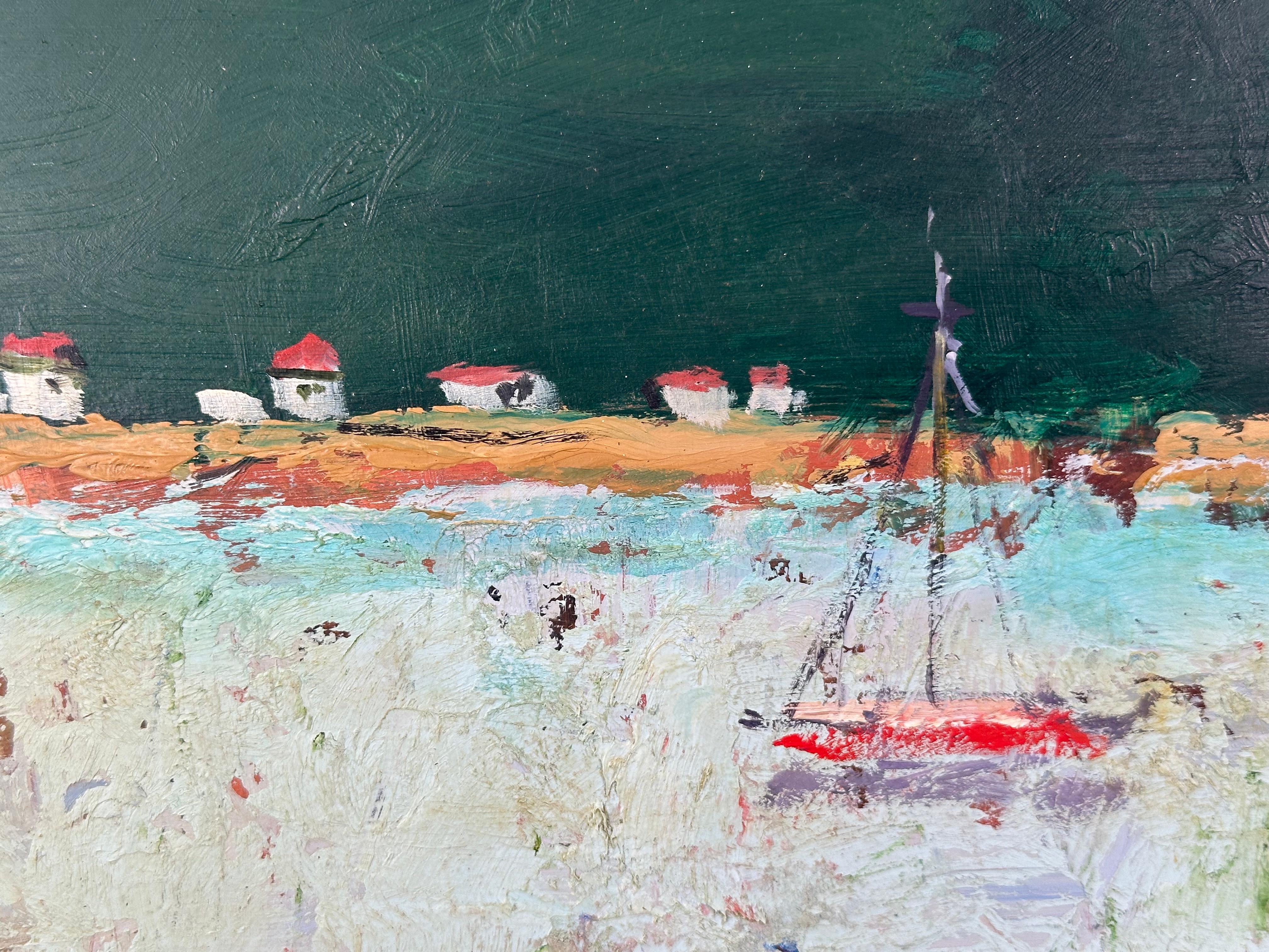 Sol Wilson (1896-1974). Paesaggio della spiaggia di Provincetown con trappole per aragoste, 1950 ca. Olio su pannello di masonite, 16 x 20 pollici. Misura 24 x 28 pollici incorniciato. Condizioni eccellenti. 

Cornice vintage con fodera di lino
