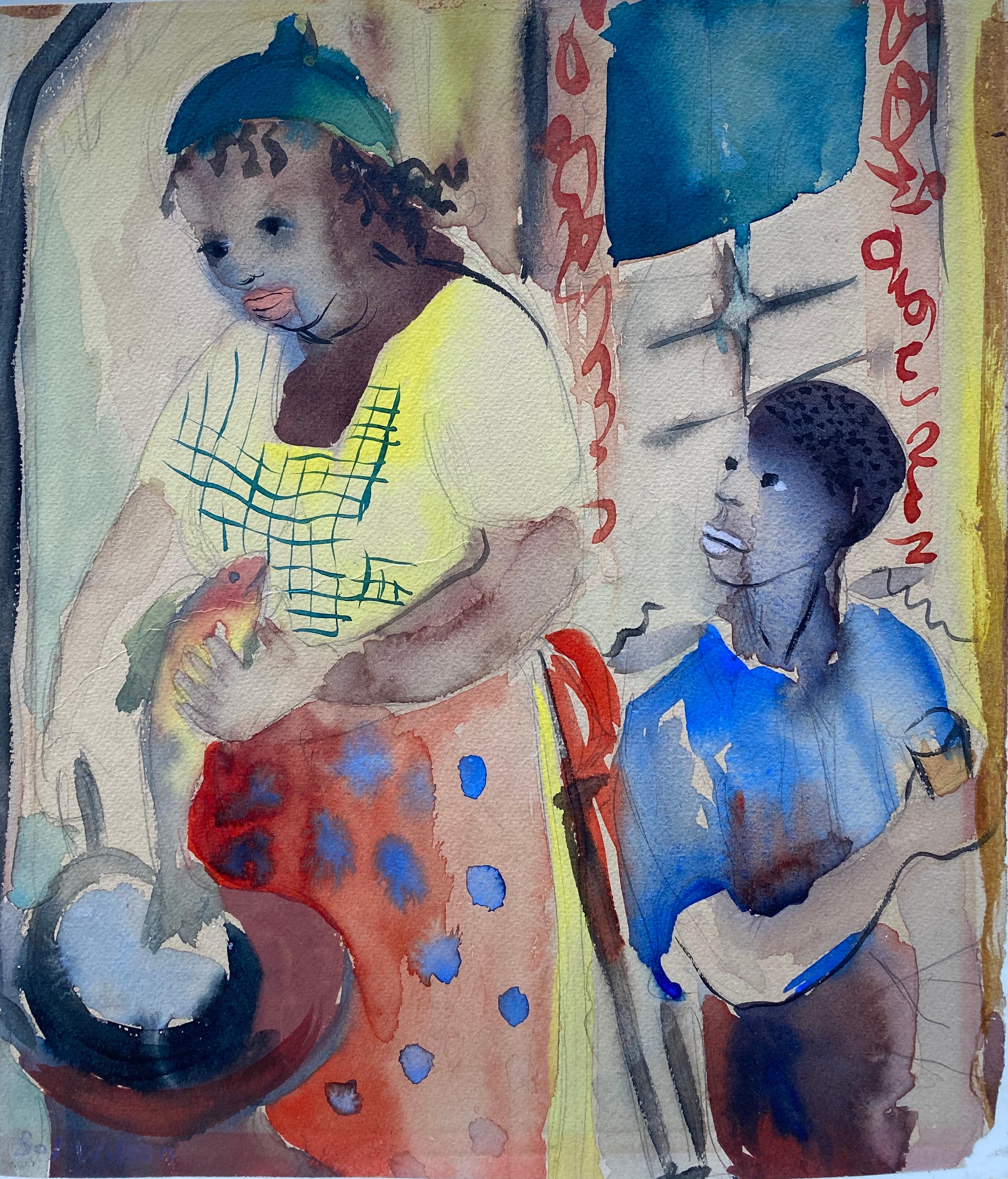 Provincetown Black Americana Fish Market Sellers  - Painting by Sol Wilson