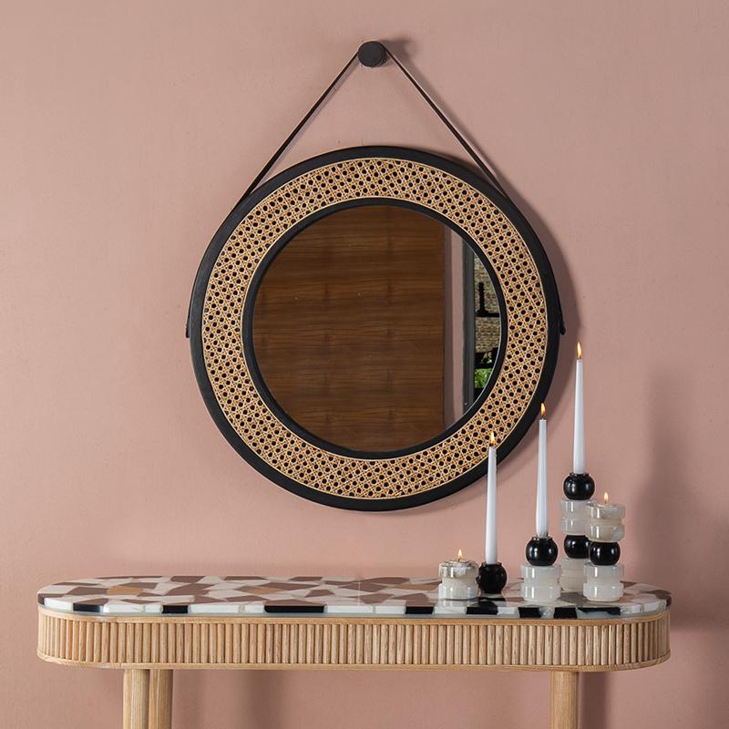 Modern Sola Mirror, Rattan Frame  For Sale