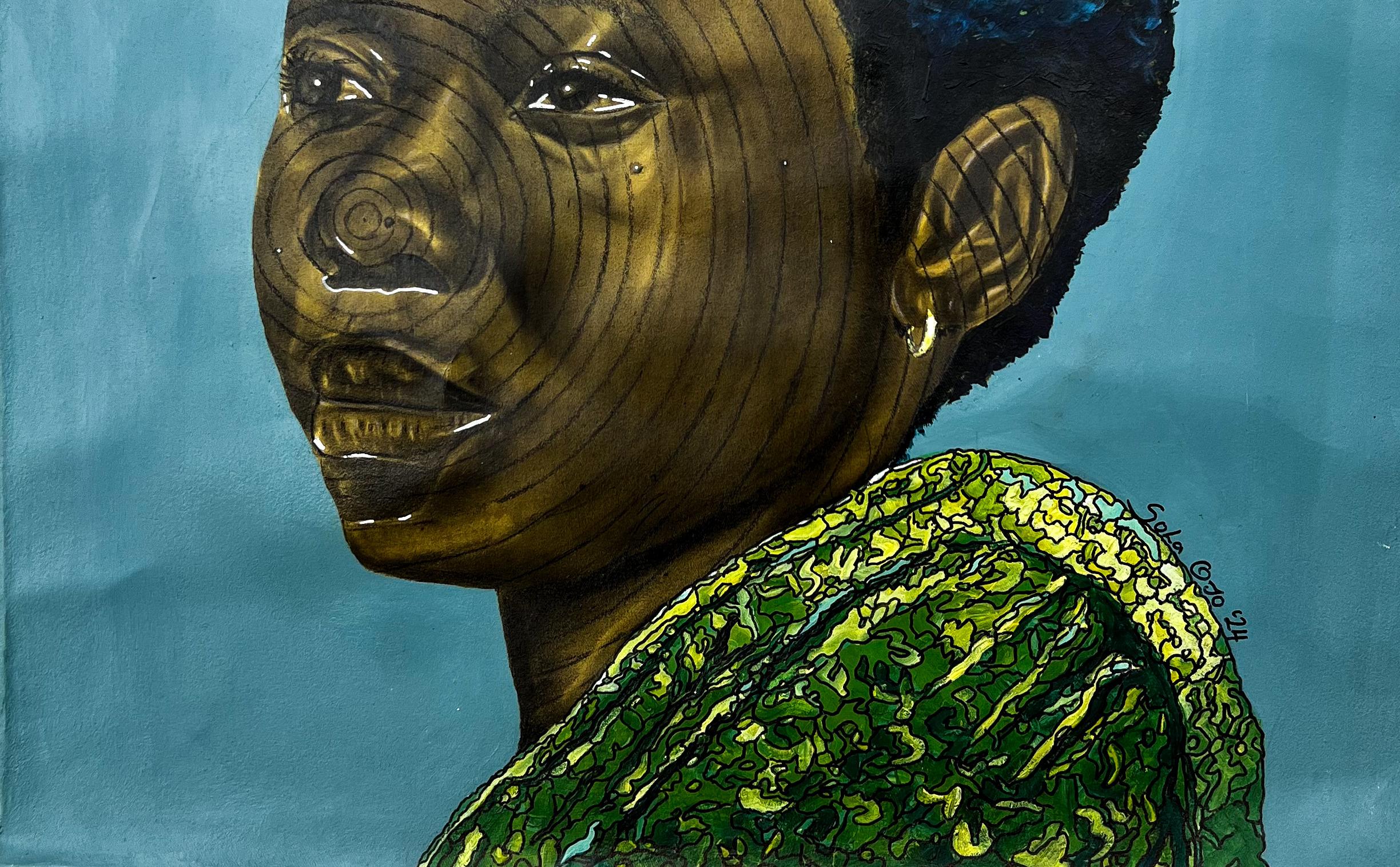 Mirada silenciosa -Siglo XXI, Contemporáneo, Figurativo, Retrato, África, Mujer - Portrait Painting Azul de Sola Ojo
