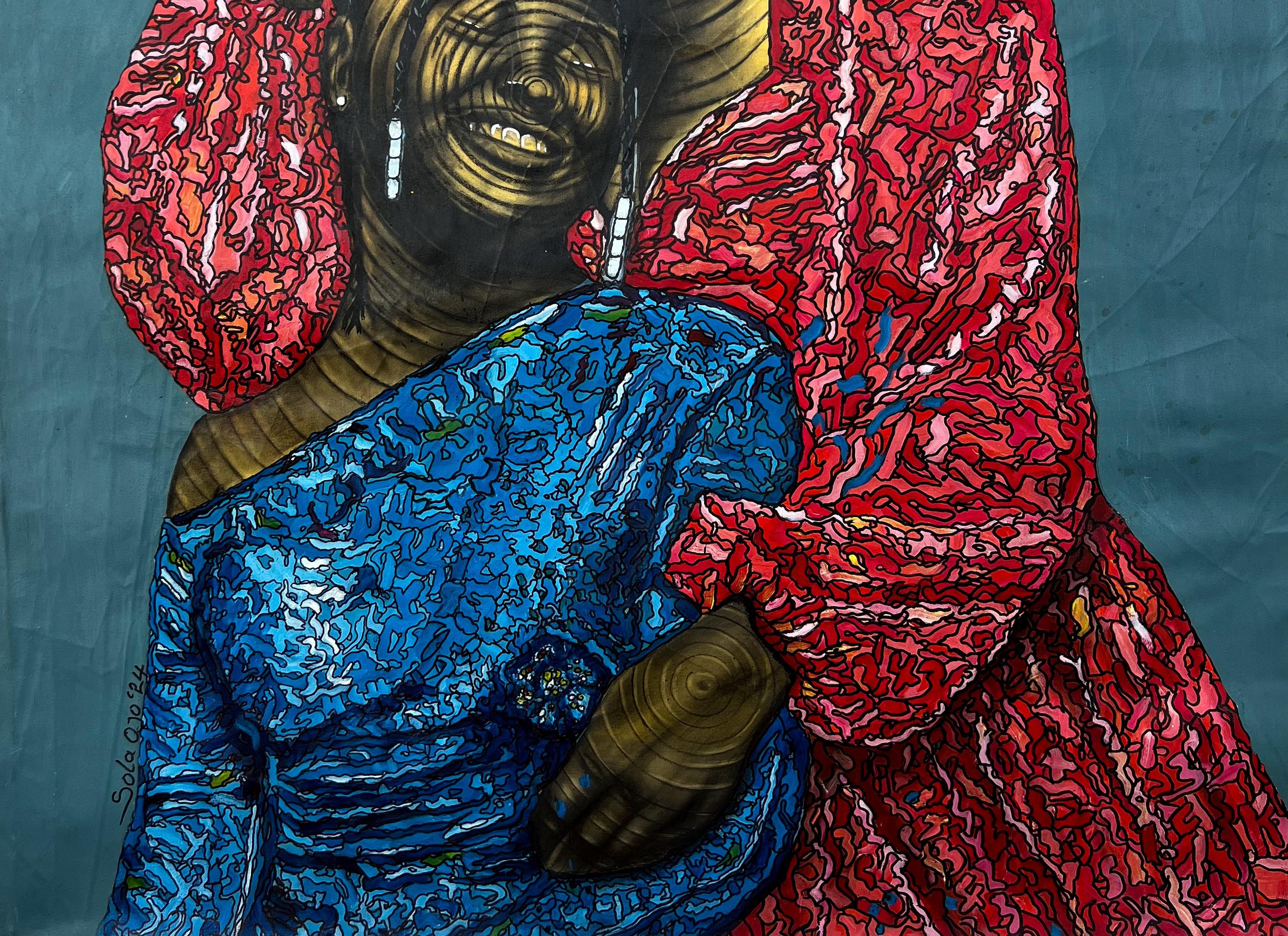Hermanas en armonía -Siglo XXI Contemporáneo, Retrato figurativo, África Mujeres - Figurative Painting Negro de Sola Ojo