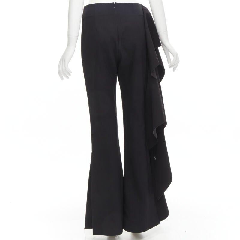 SOLACE black cascade ruffle draped flared trousers pants UK10 US6 M In Excellent Condition For Sale In Hong Kong, NT