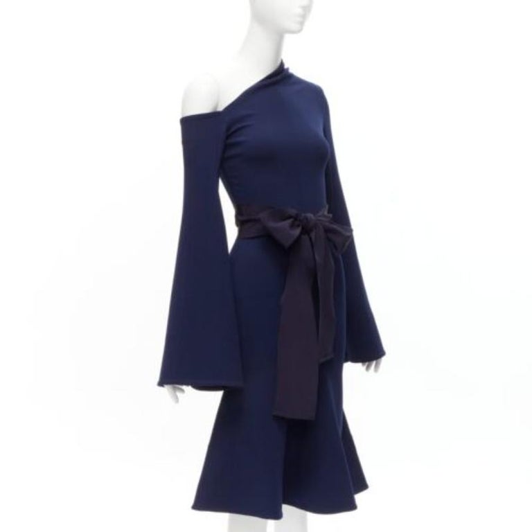 SOLACE LONDON Haso navy blue asymmetric stretch crepe bell sleeves dress  UK4 XXS For Sale at 1stDibs