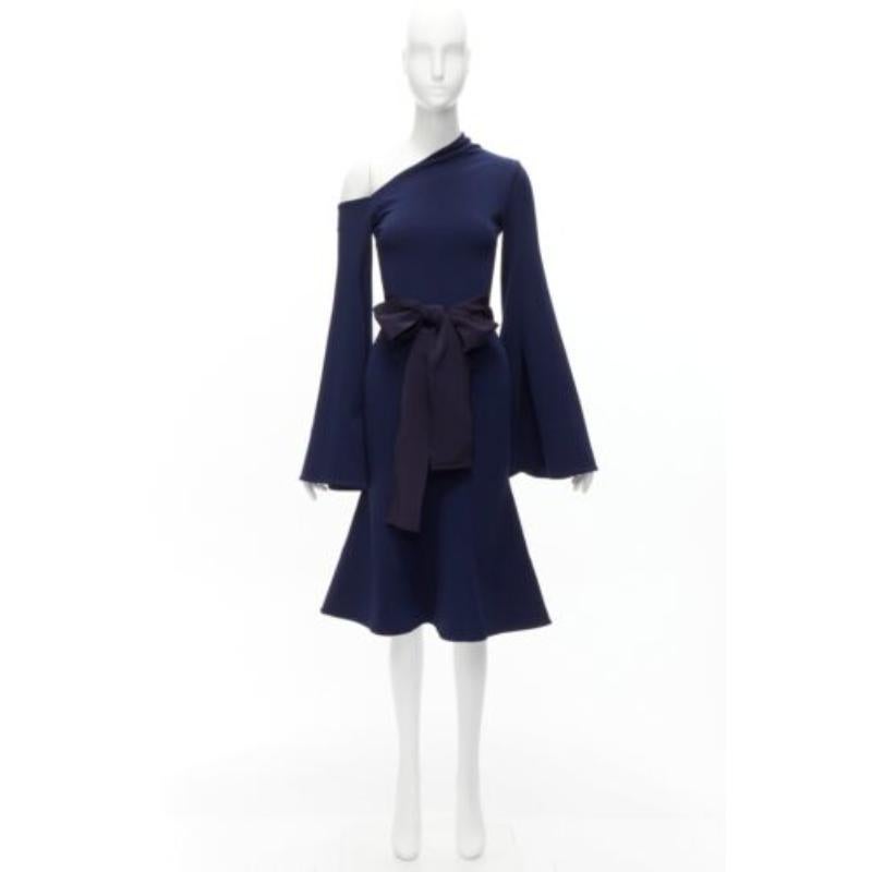 SOLACE LONDON Haso azul marino vestido asimétrico de crepé elástico con mangas de campana UK4 XXS en venta 4